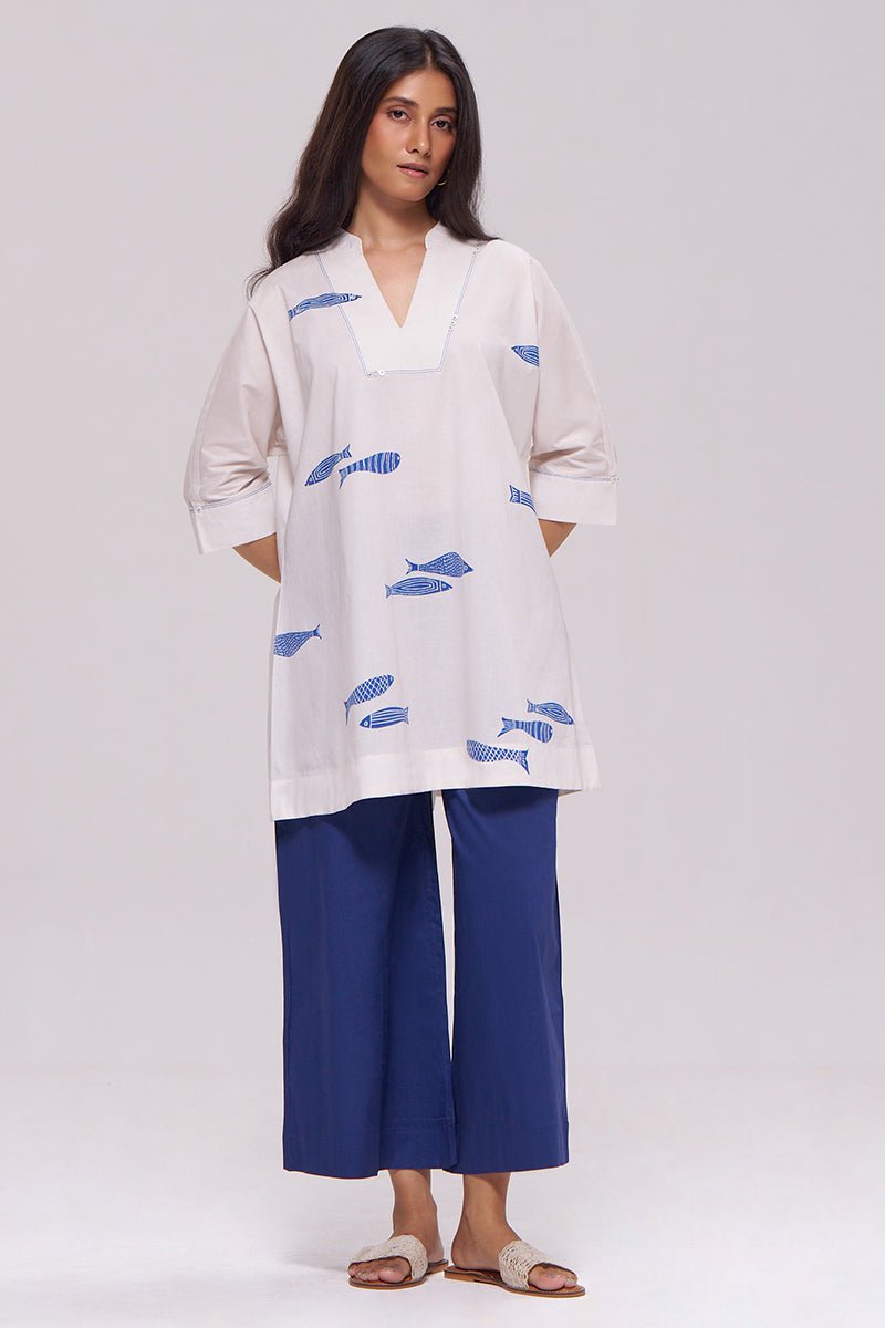 Off-White and Blue Cotton Kurta