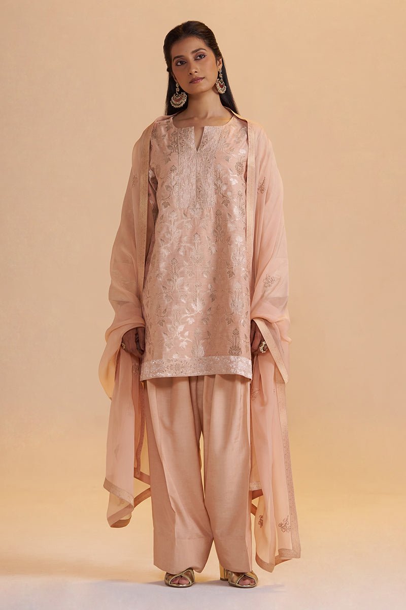 Blush Peach Pure Banarasi Jacquard Kurta Set
