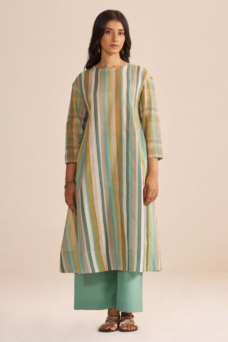 Shades of Teal and Green Stripe Cotton-Linen Co-ord Set