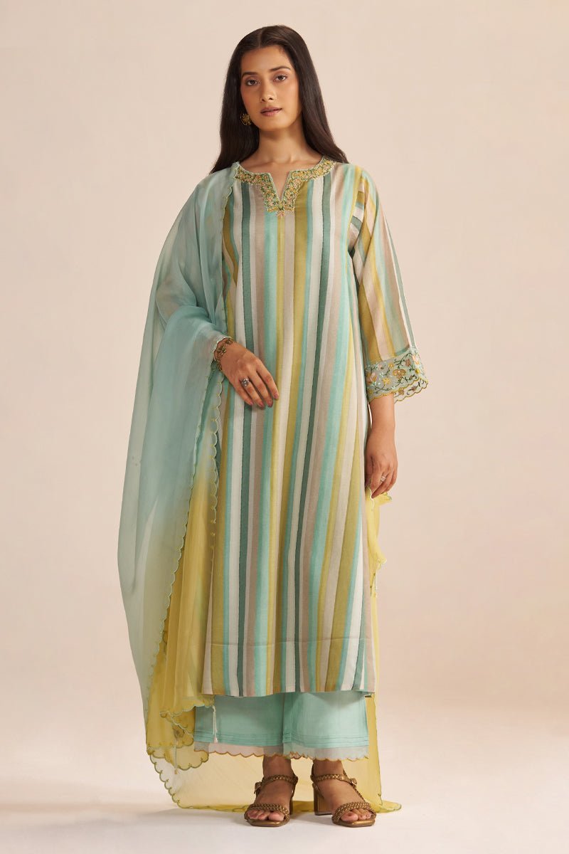 Shades of Teal and Yellow Semi Festive Kurta Set