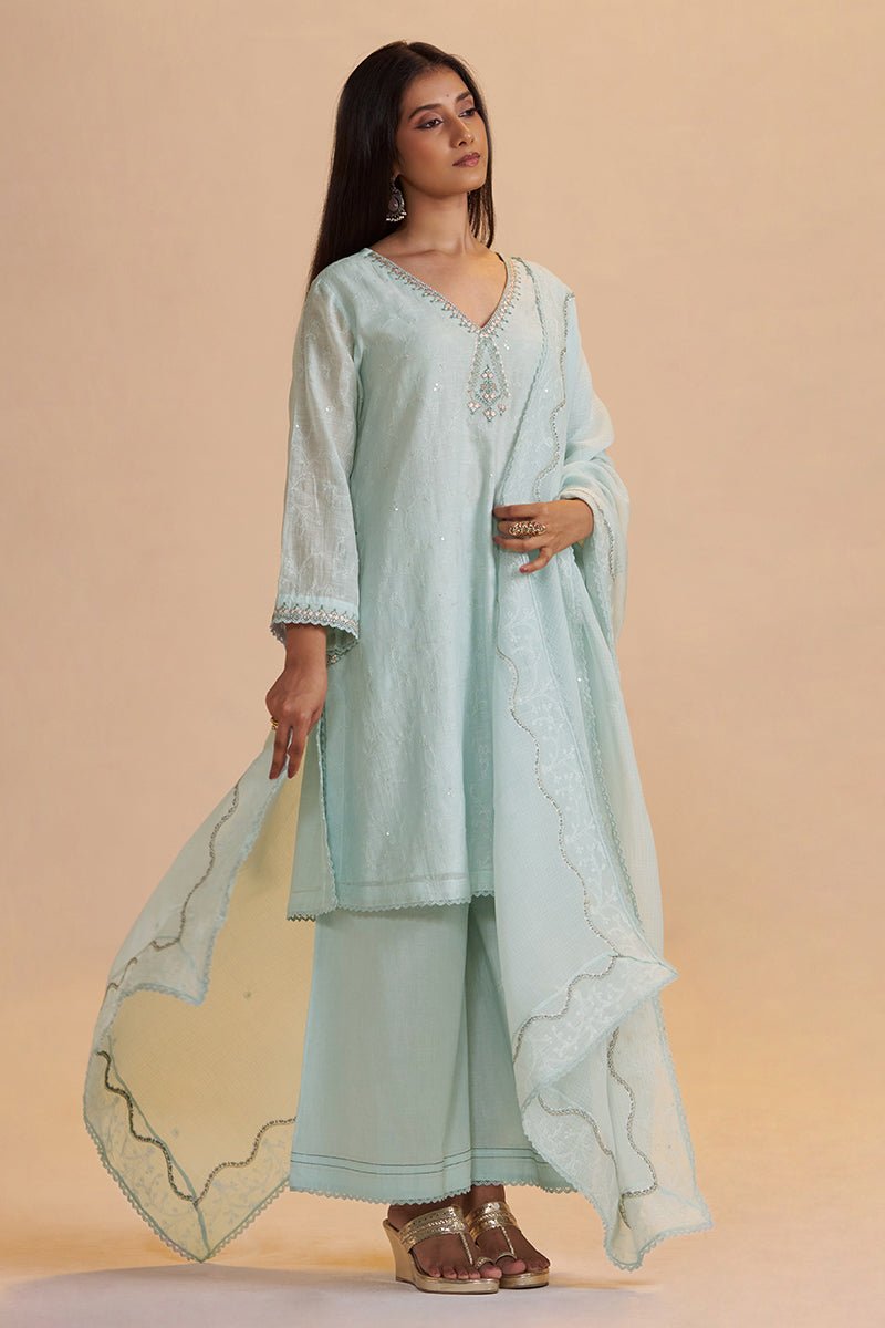 Misty Blue Chanderi Festive Kurta Set