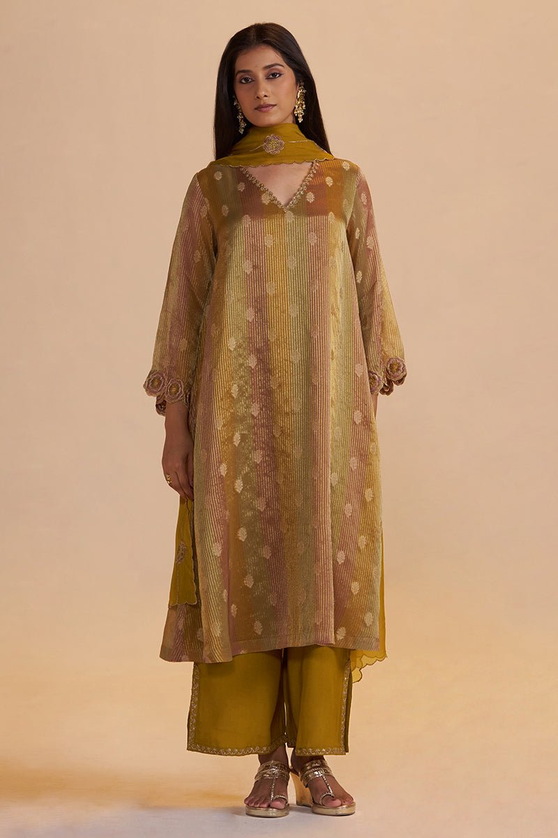 Mustard and Brown Zari Woven Festive Kurta Set