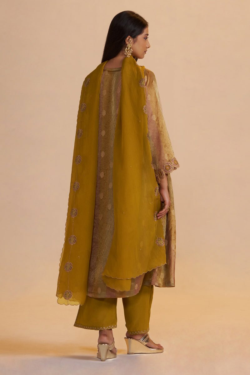 Mustard and Brown Zari Woven Festive Kurta Set