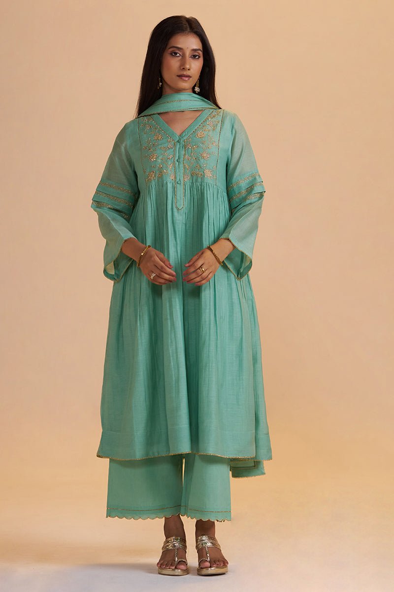 Dusty Jade Green Silk Festive Kurta Set
