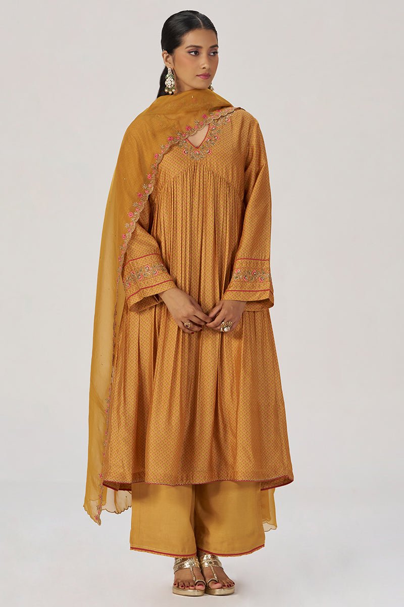 Light Mustard Print and Embroidered Festive Kurta Set