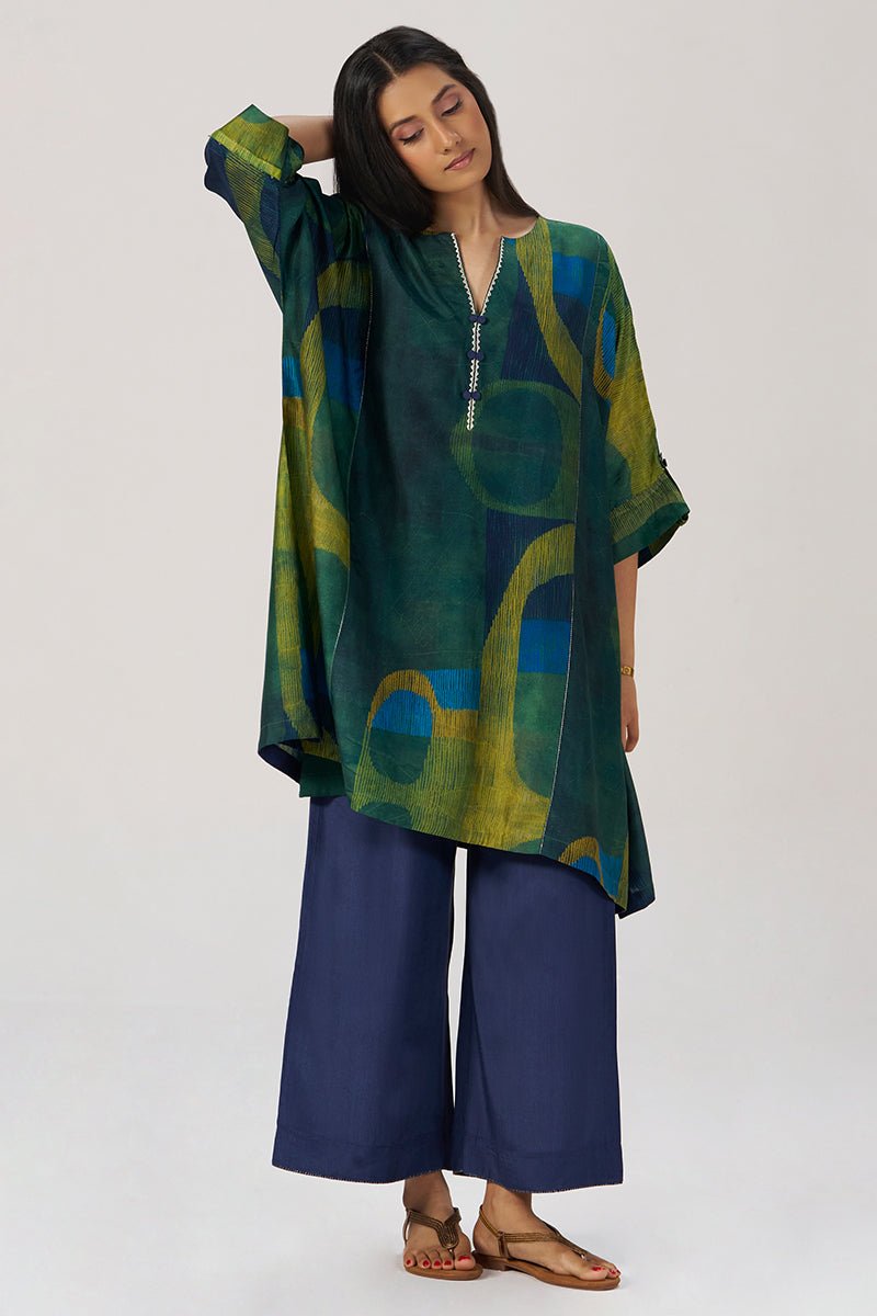 Deep Green and Blue Abstract Silk Co-ord Set