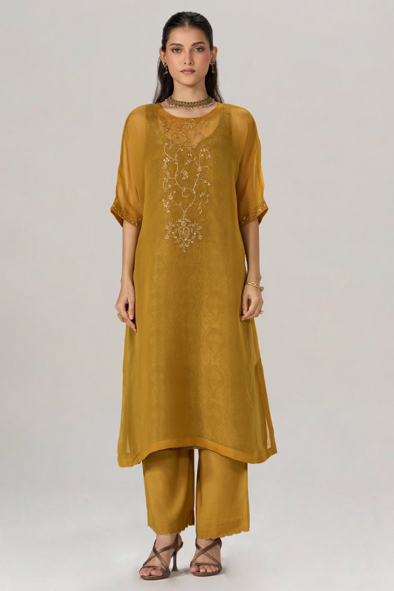 Mustard and Brown Sheer Kurta with Brocade Festive Co-ord Set