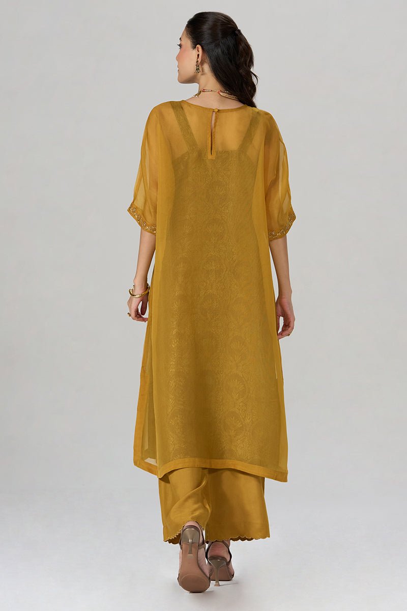 Mustard and Brown Sheer Kurta with Brocade Festive Co-ord Set