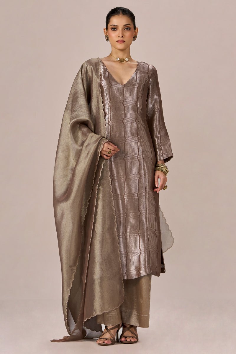 Light Brown and Soft Gold Tissue Festive kurta Set