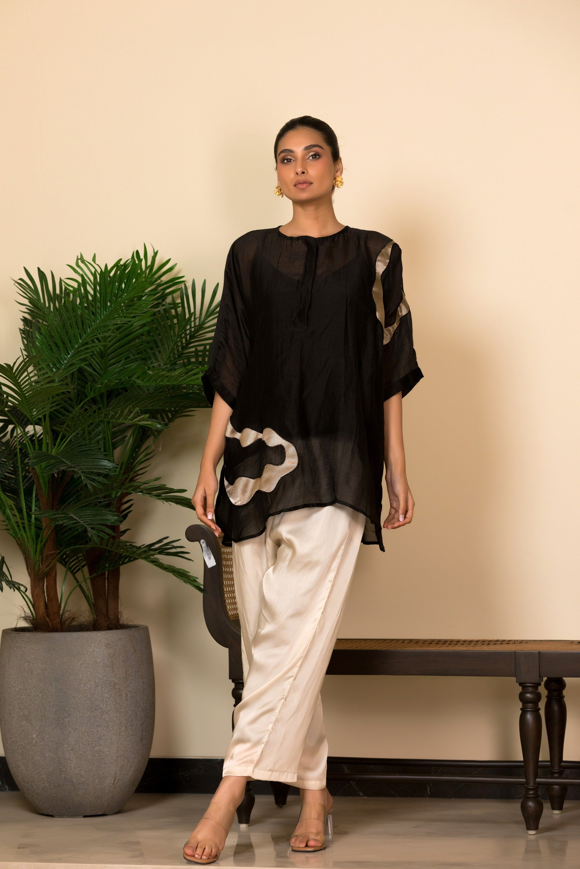 Eeda Silk Shirt with Asymmetrical Patchwork - Black