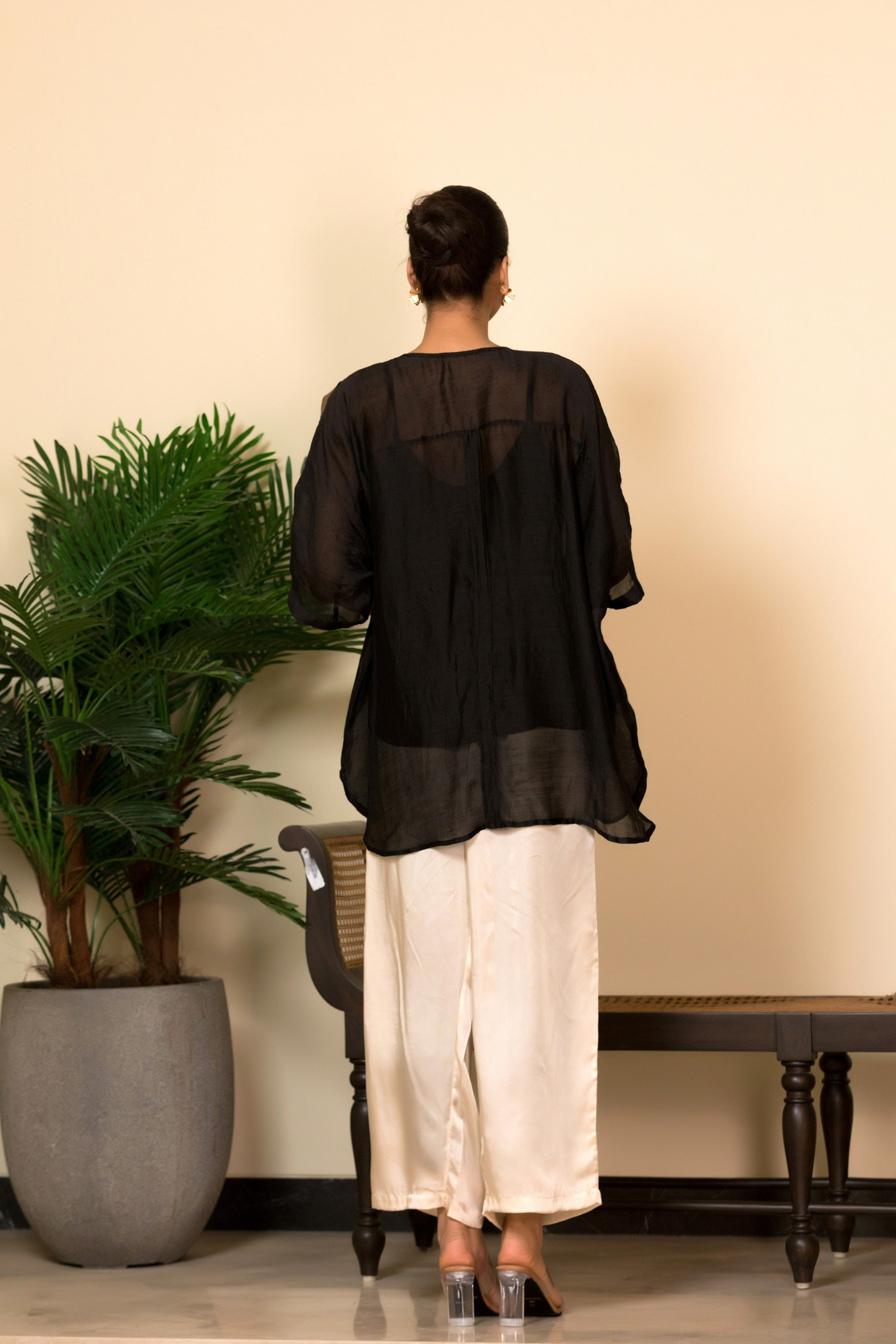 Eeda Silk Shirt with Asymmetrical Patchwork - Black