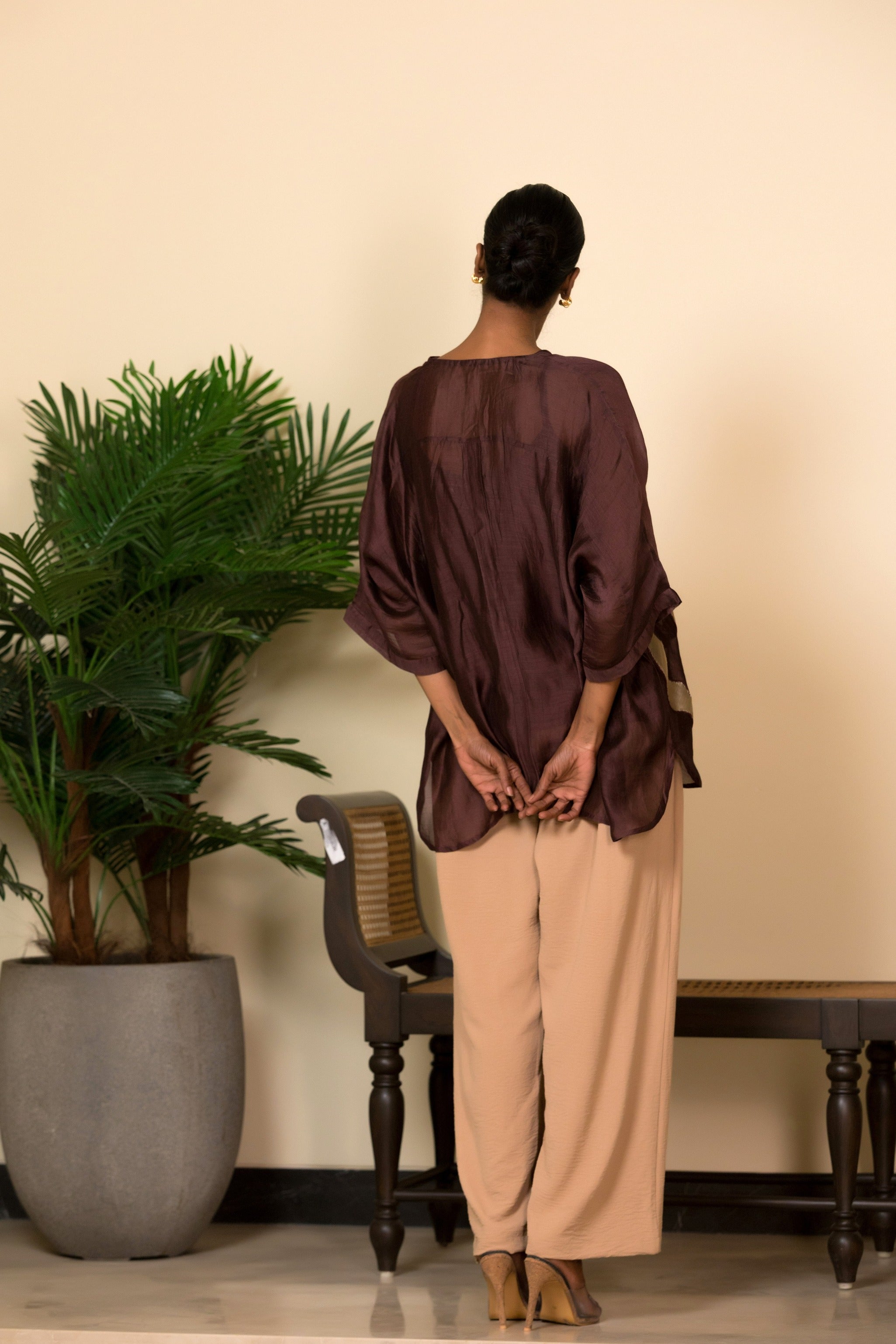 Eeda Silk Shirt with Asymmetrical Patchwork - Brown