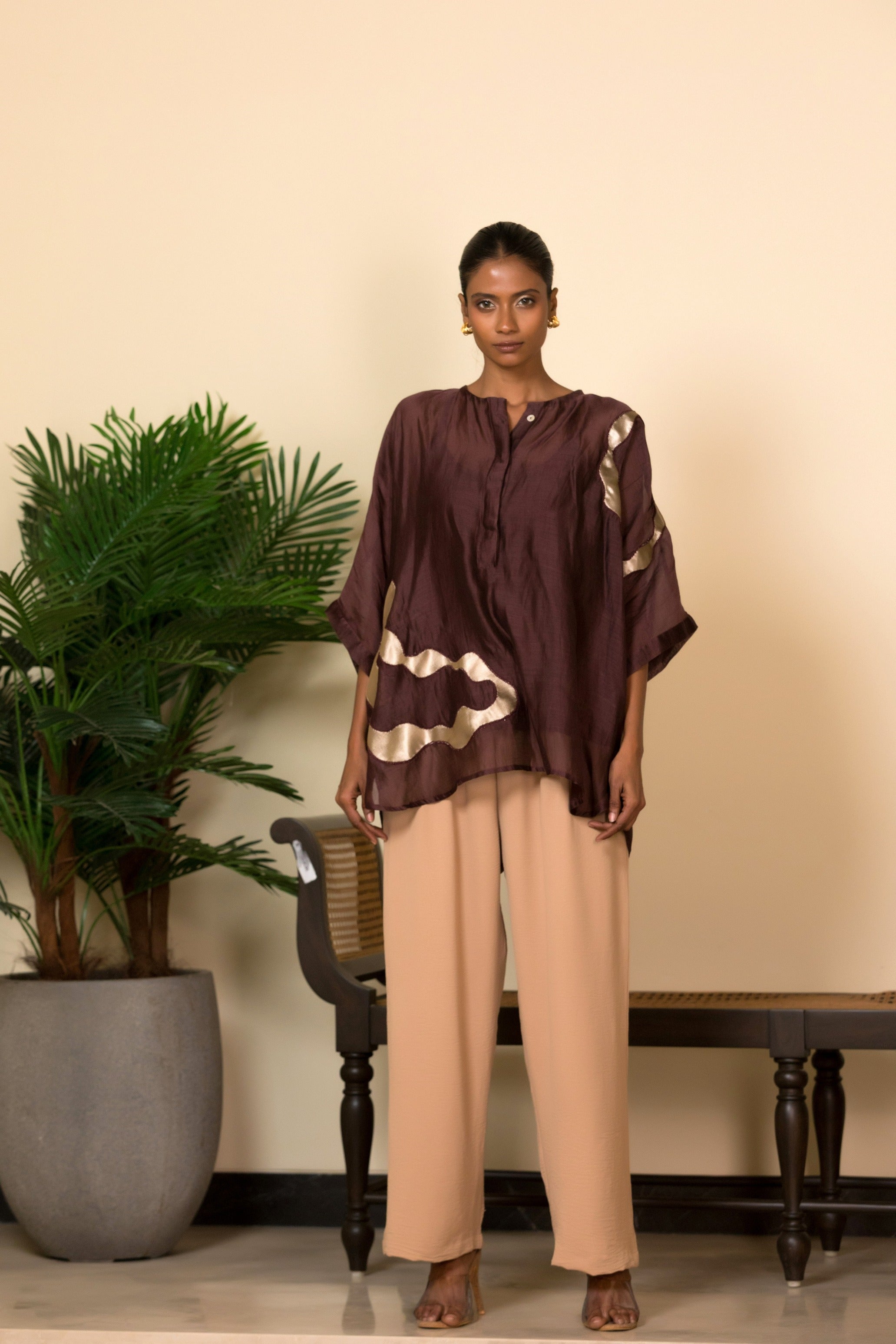 Eeda Silk Shirt with Asymmetrical Patchwork - Brown