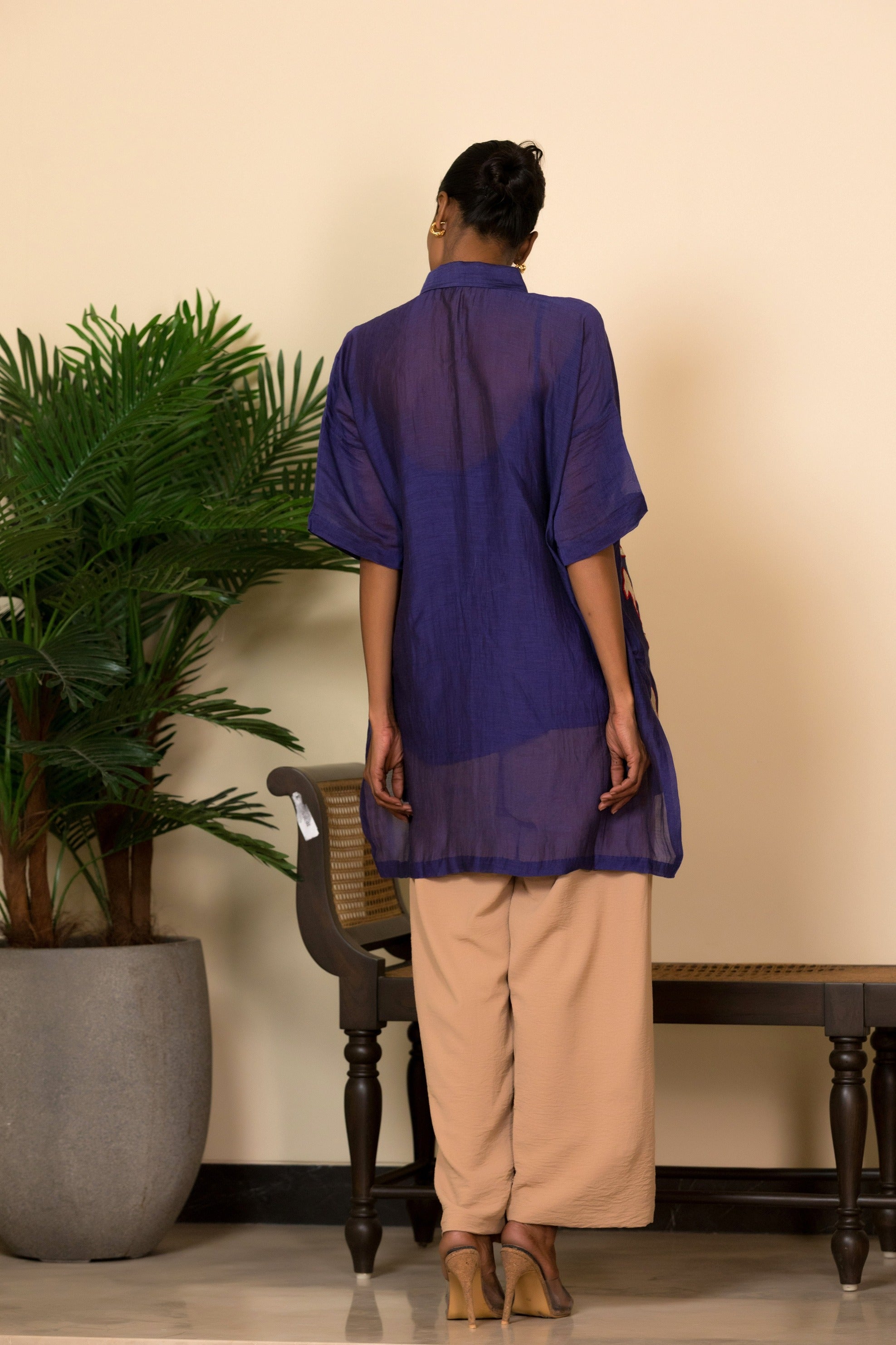 Eeda Silk Shirt with Asymmetrical Patchwork - Indigo