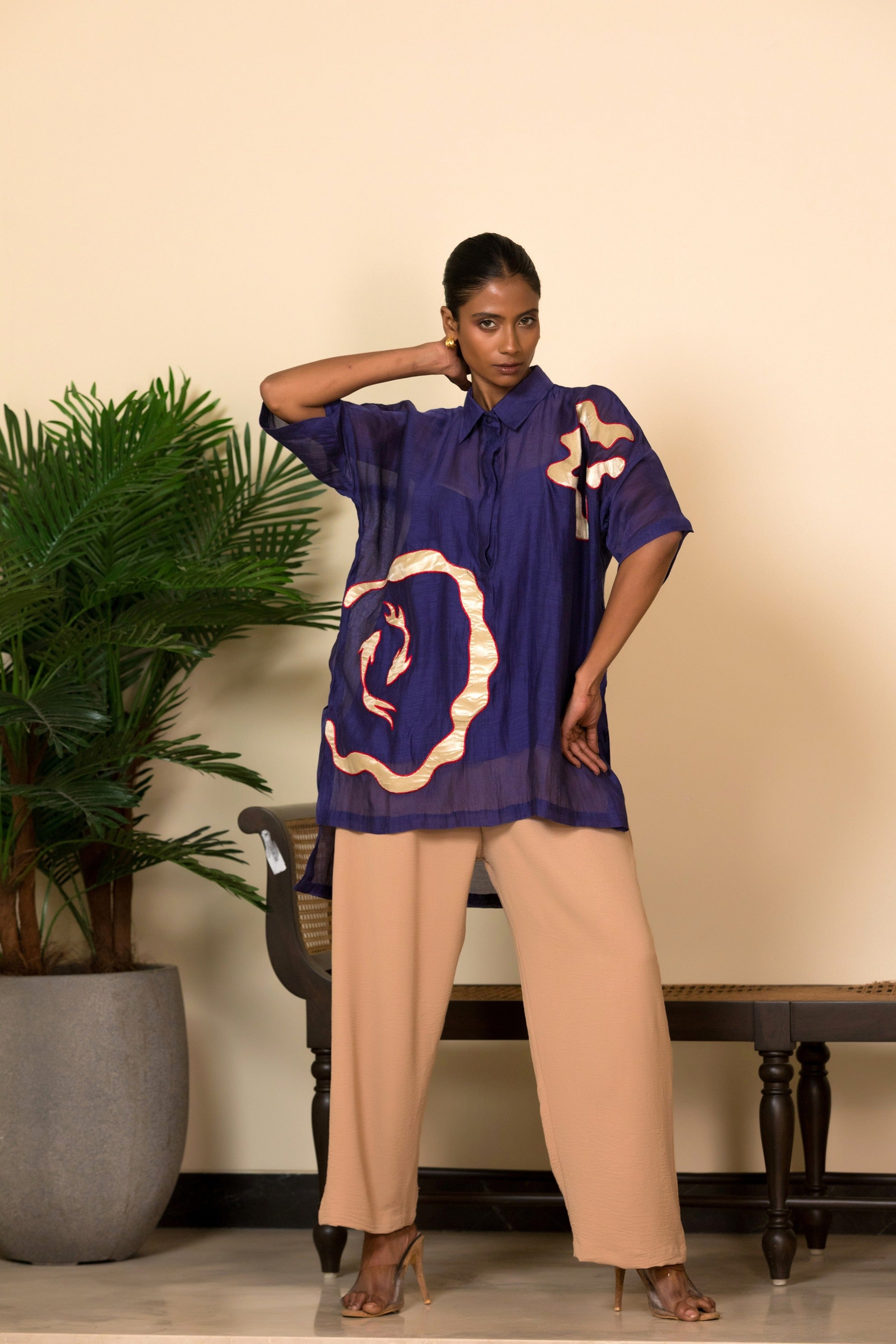 Eeda Silk Shirt with Asymmetrical Patchwork - Indigo