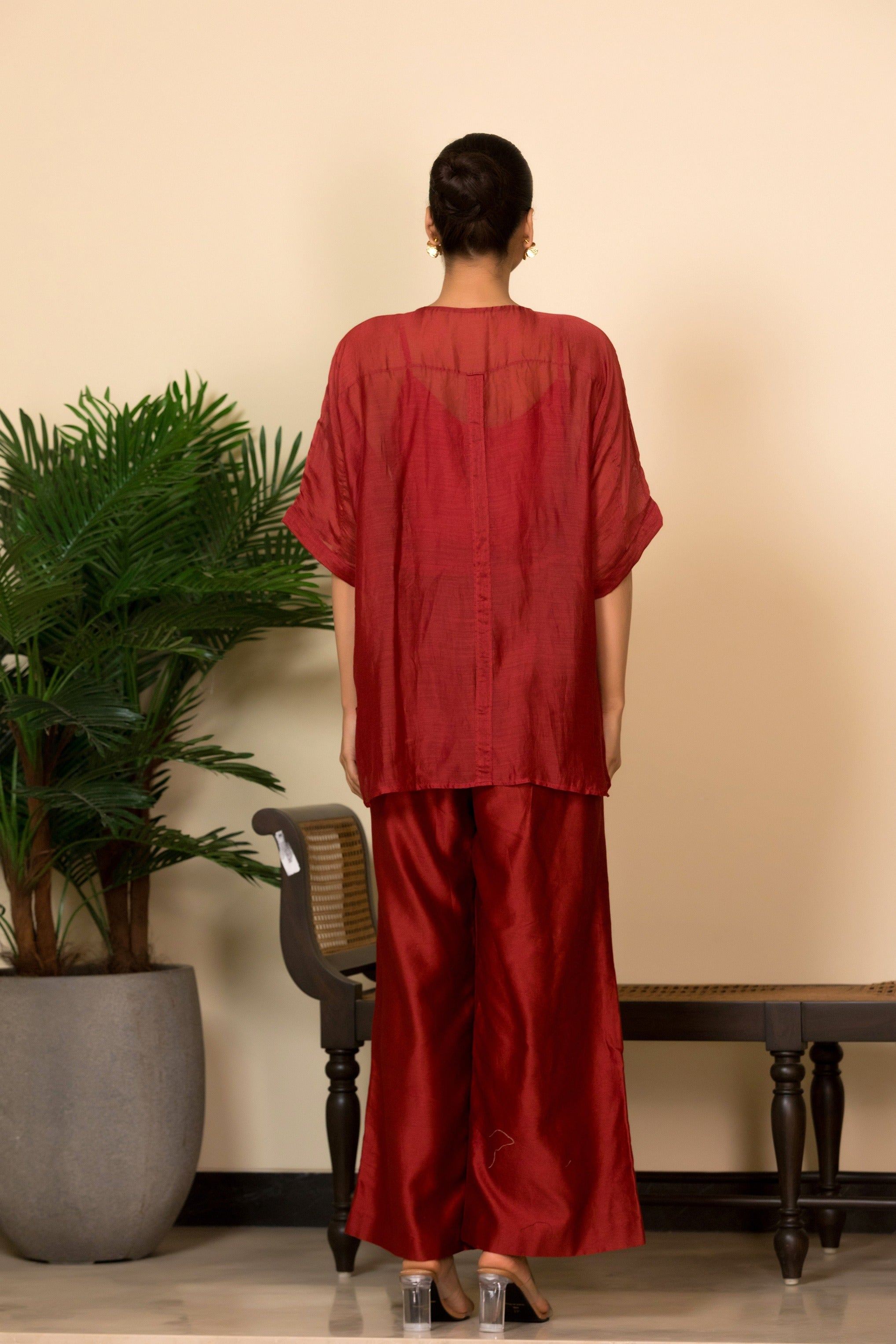 Eeda Silk Shirt Set with Asymmetrical Patchwork - Maroon