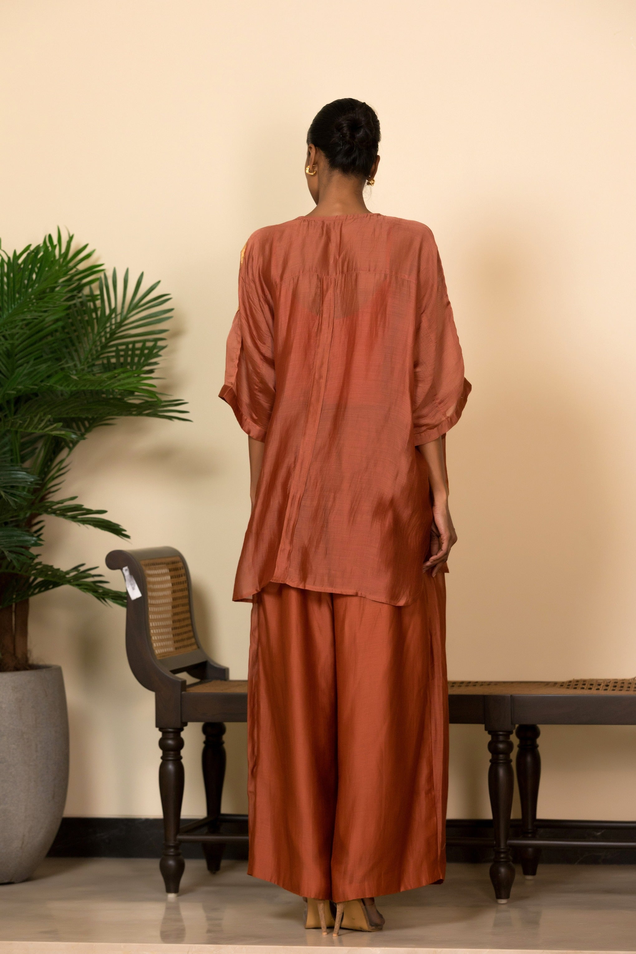 Eeda Silk Shirt Set with Asymmetrical Patchwork - Rust