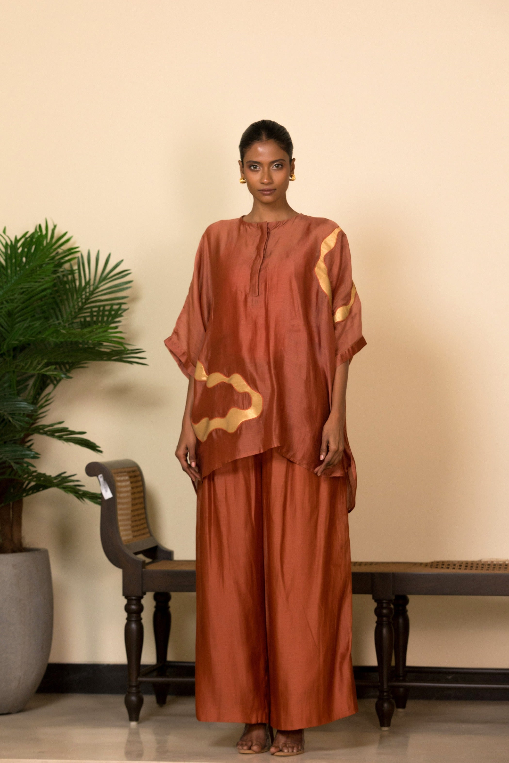 Eeda Silk Shirt Set with Asymmetrical Patchwork - Rust