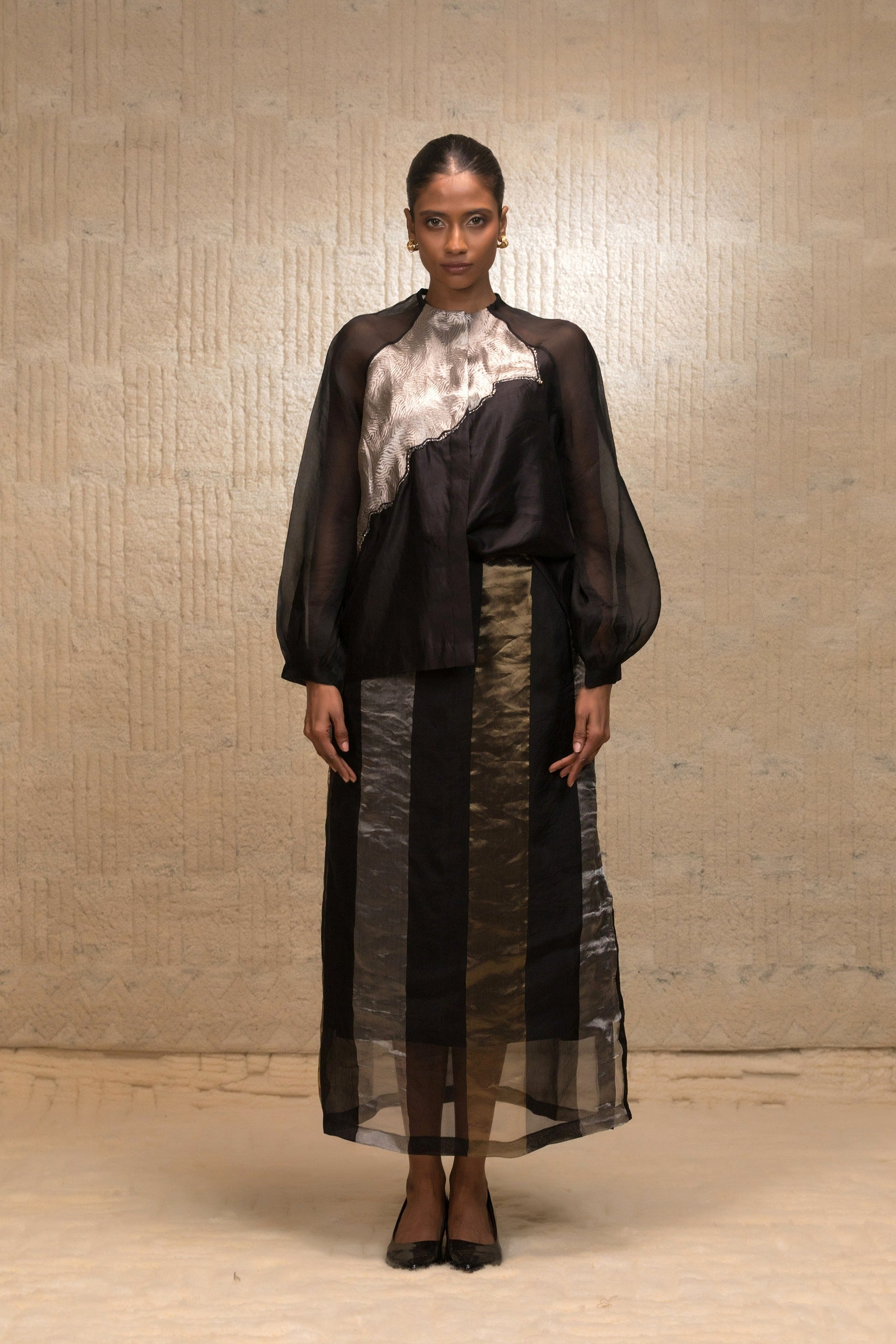 Eeda Silk Organza Shirt with Asymmetrical Patchwork - Black
