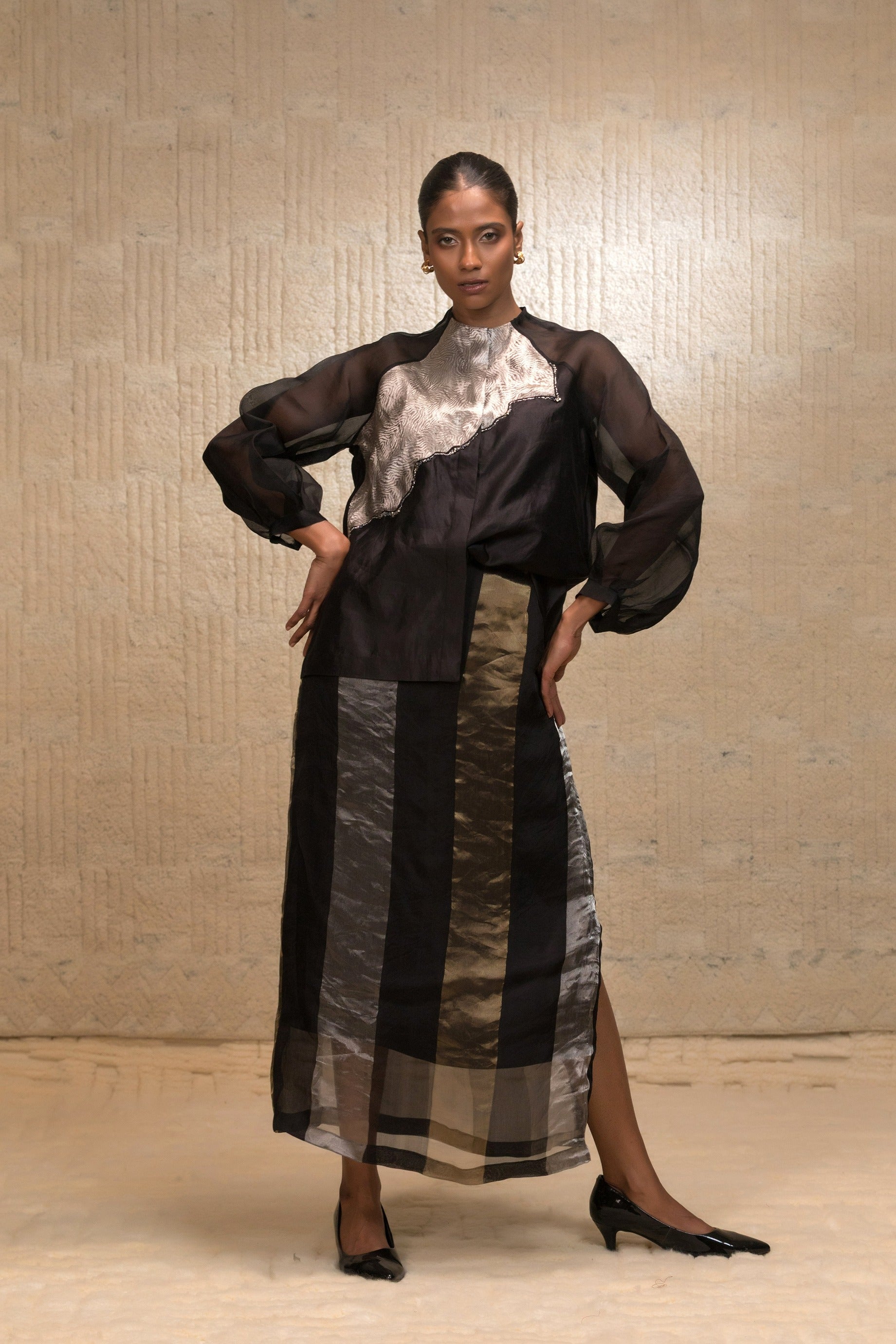 Eeda Silk Organza Shirt with Asymmetrical Patchwork - Black