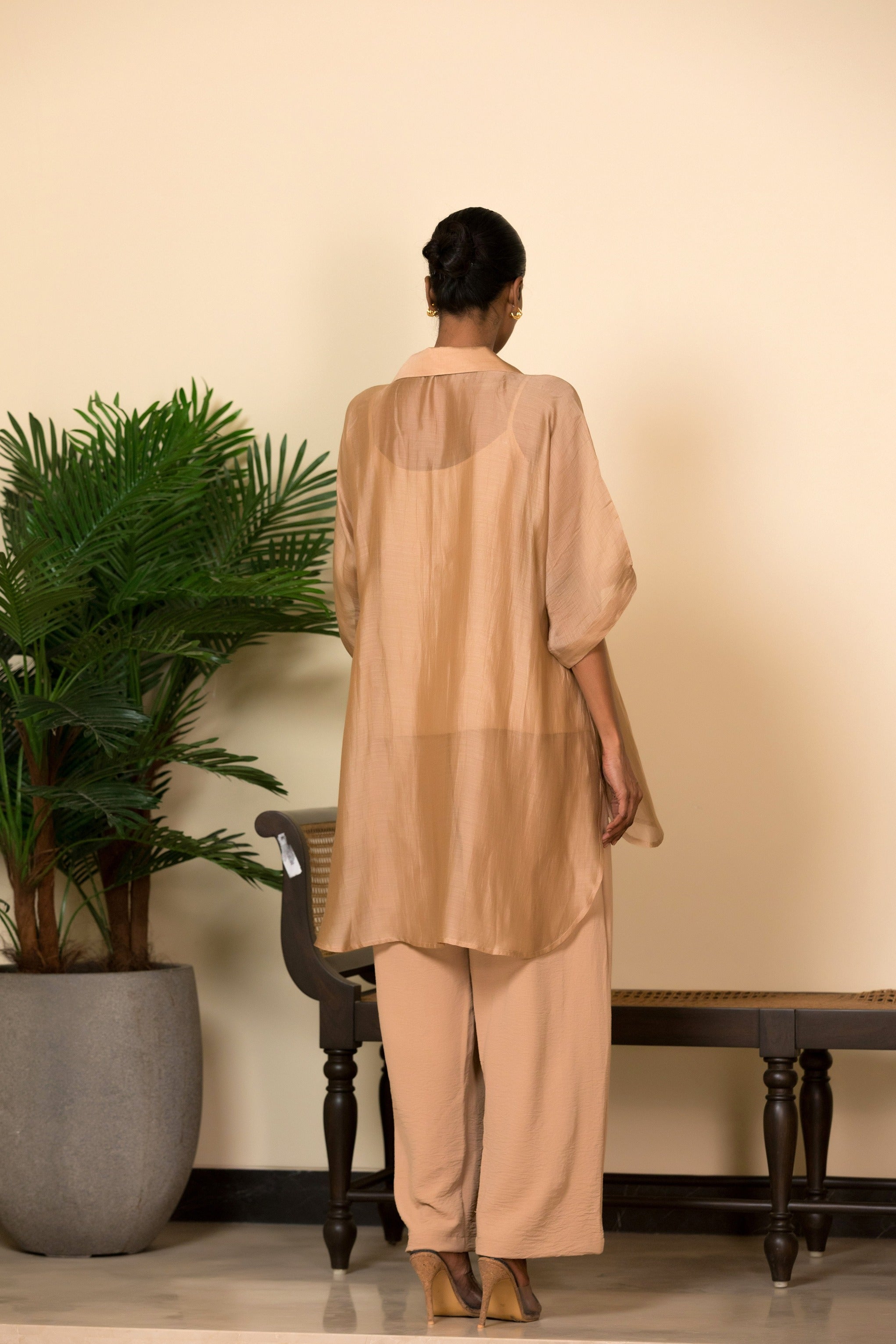 Eeda Silk Centre Brocade Patch Shirt - Beige