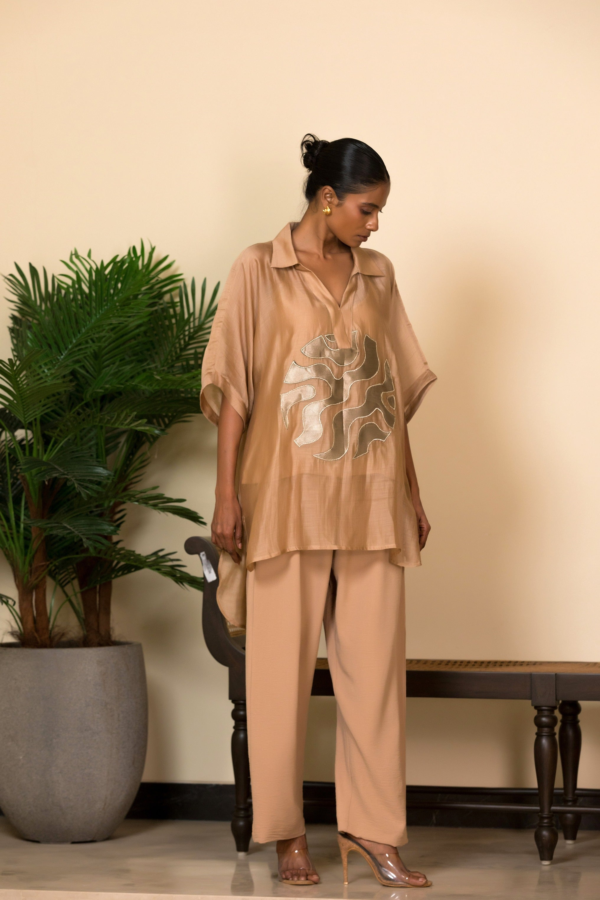 Eeda Silk Centre Brocade Patch Shirt - Beige