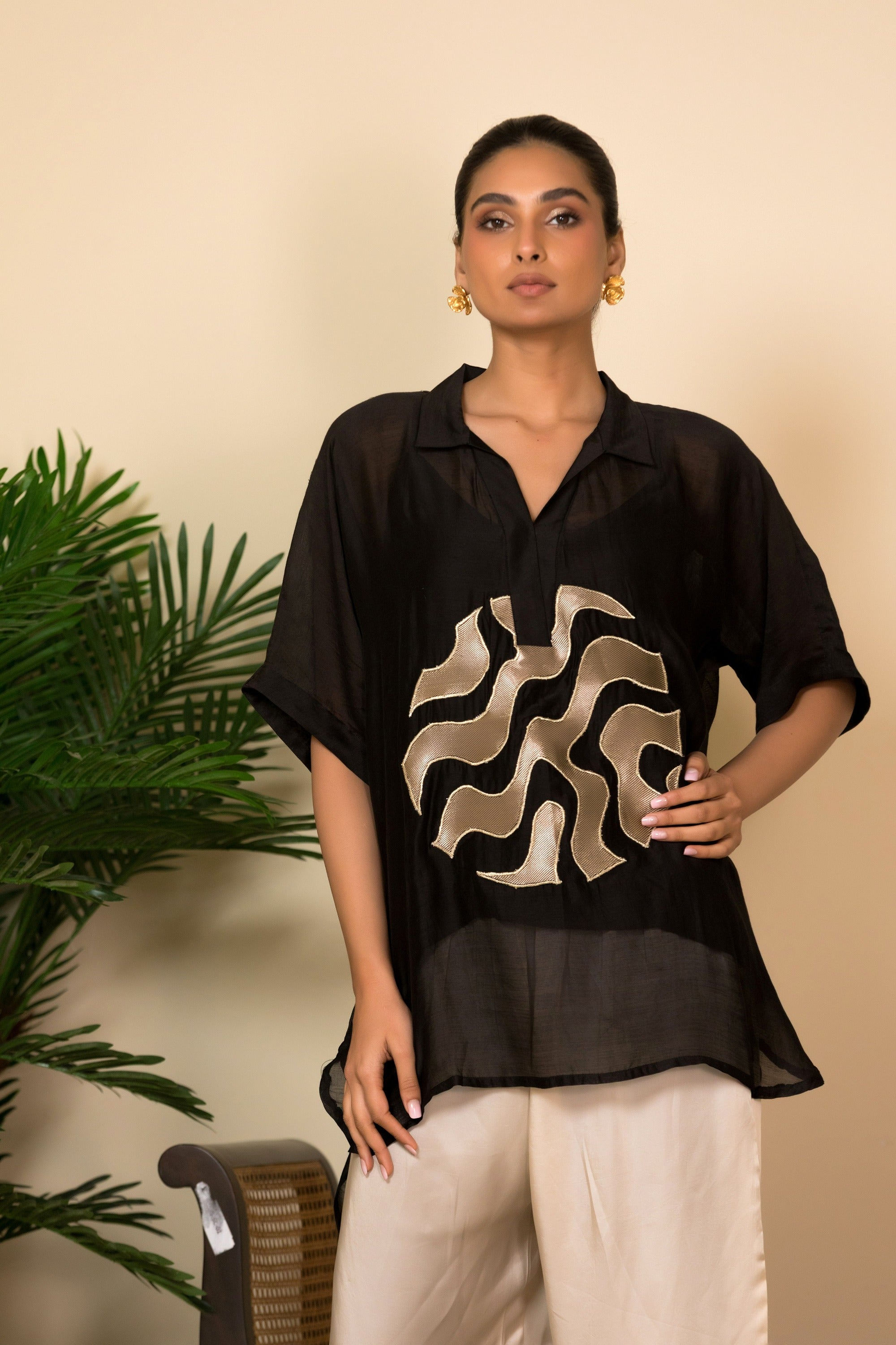 Eeda Silk Centre Brocade Patch Shirt - Black
