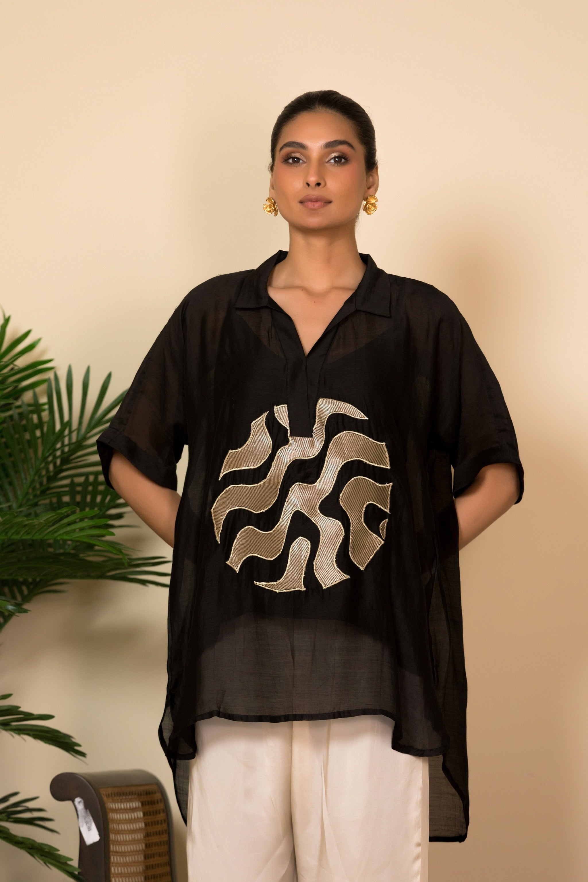 Eeda Silk Centre Brocade Patch Shirt - Black