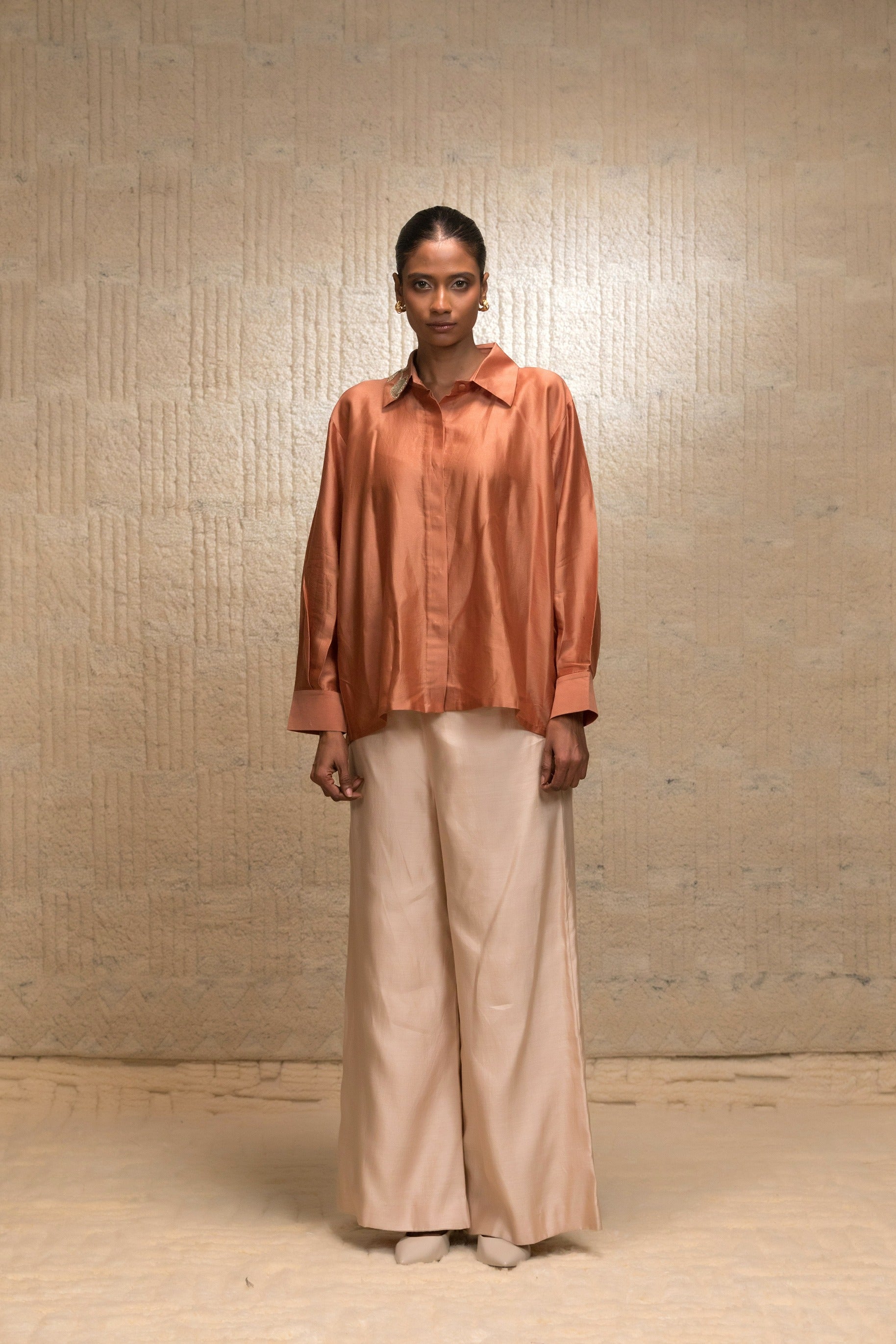 Eeda Zardozi Tulip Collar Silk Shirt - Camel