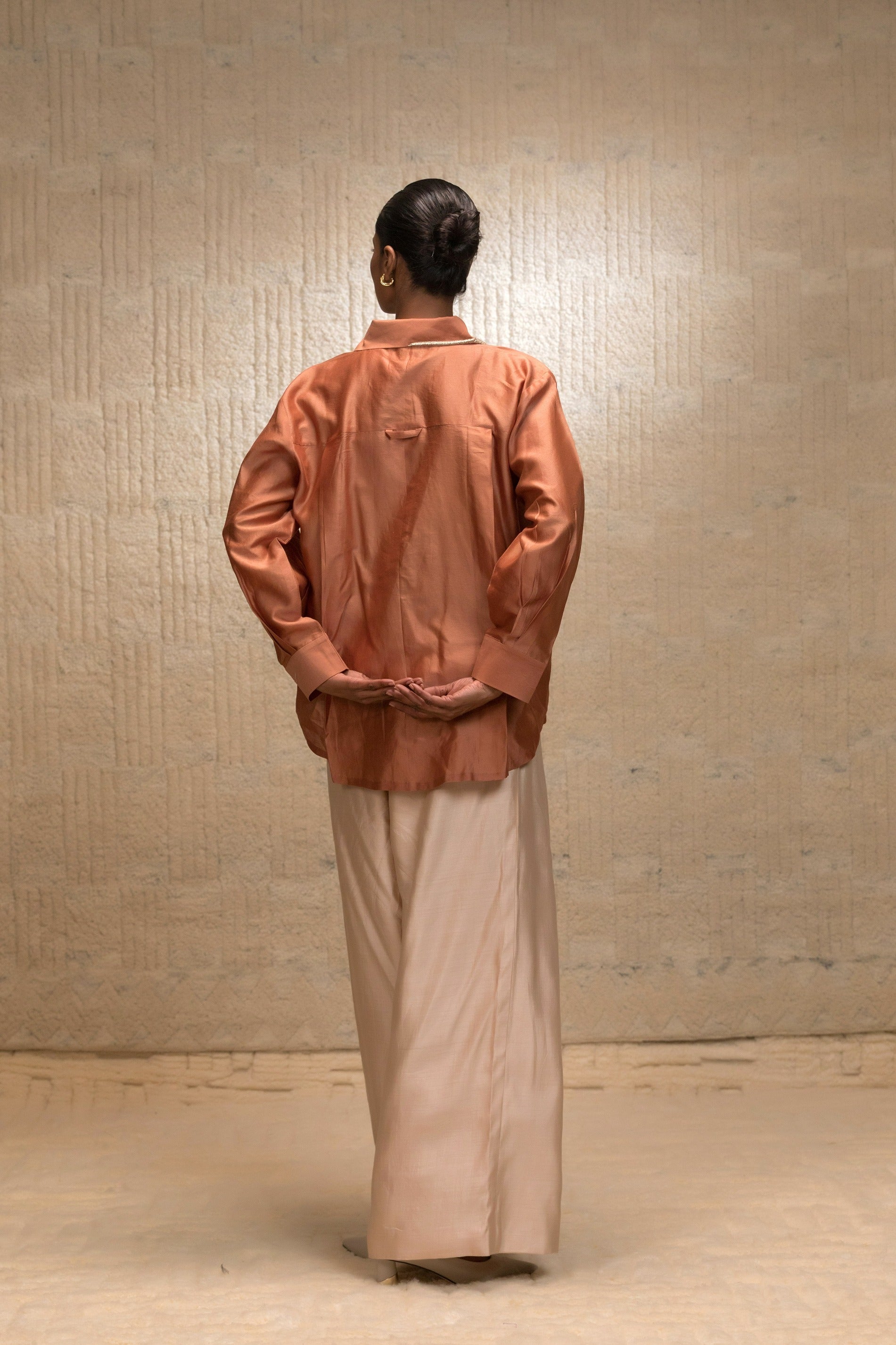 Eeda Zardozi Tulip Collar Silk Shirt - Camel