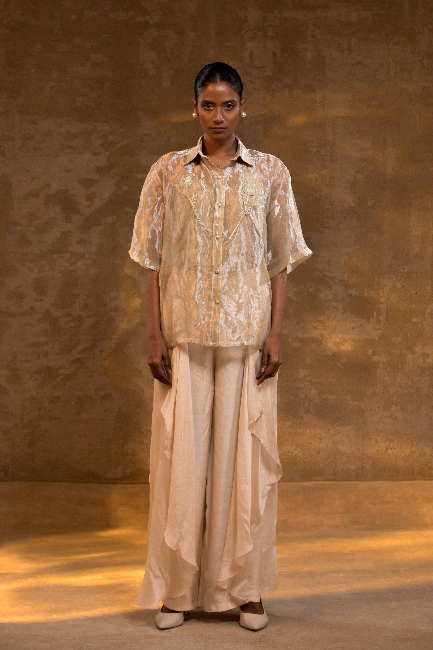 Eeda Tissue Co-ord Set with Zadozi Tulip Embroidery - Ivory