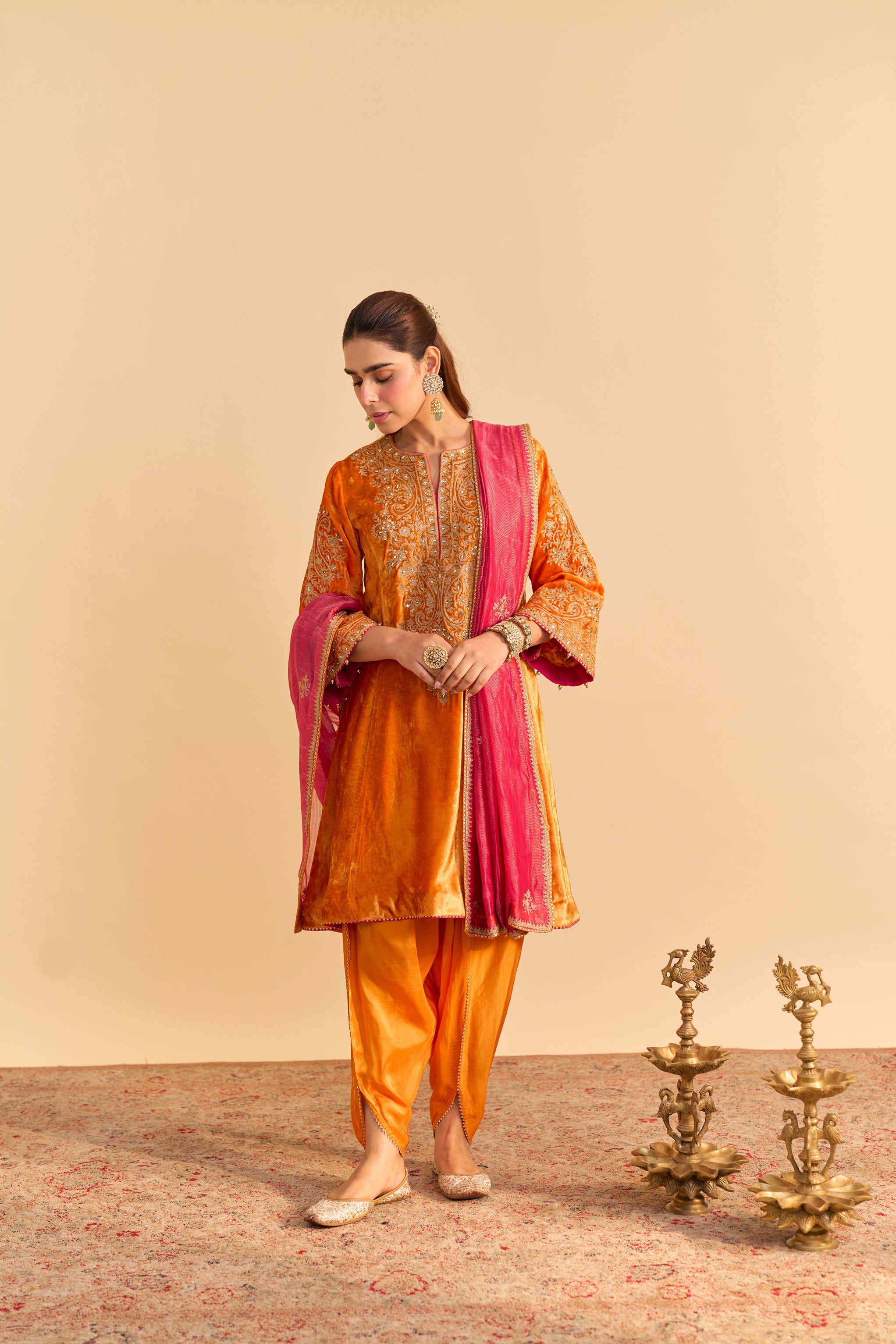 Eira - Orange A-line Kurta with Dhoti with Dupatta