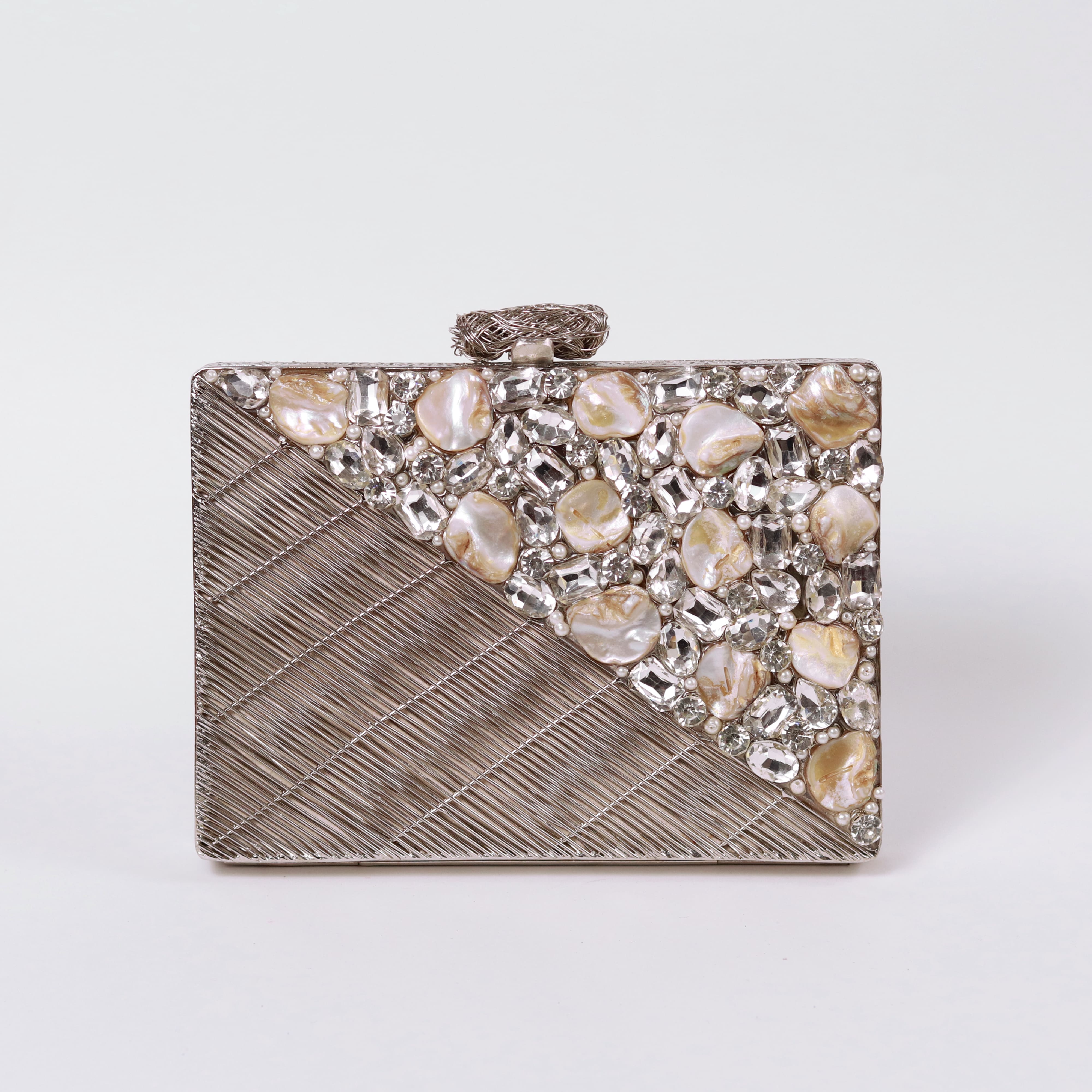 THE TAN CLAN Eira Silver Embellished Brass Clutch