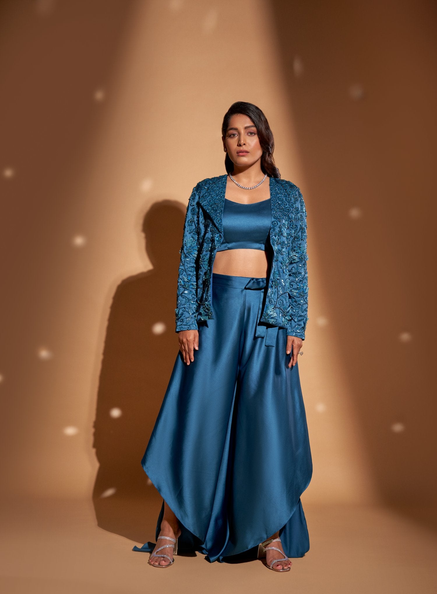 Embroidered Blazer With Bustier And Short-Long Palazzos