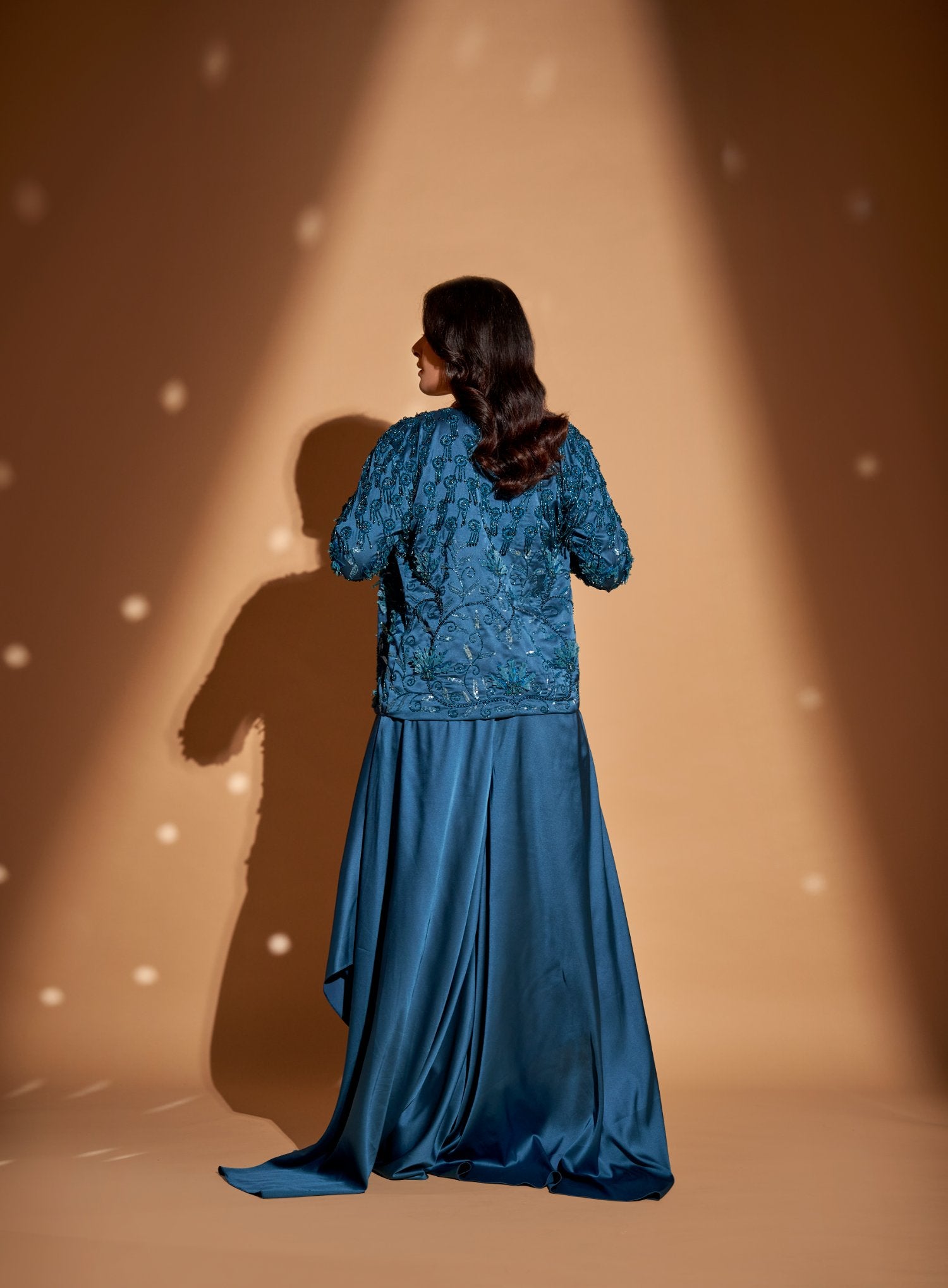 Embroidered Blazer With Bustier And Short-Long Palazzos