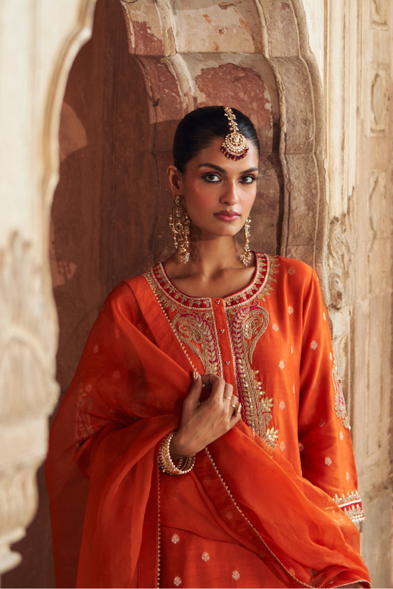 FAHMIDA - BURNT ORANGE SHORT KURTA WITH SALWAR AND DUPATTA