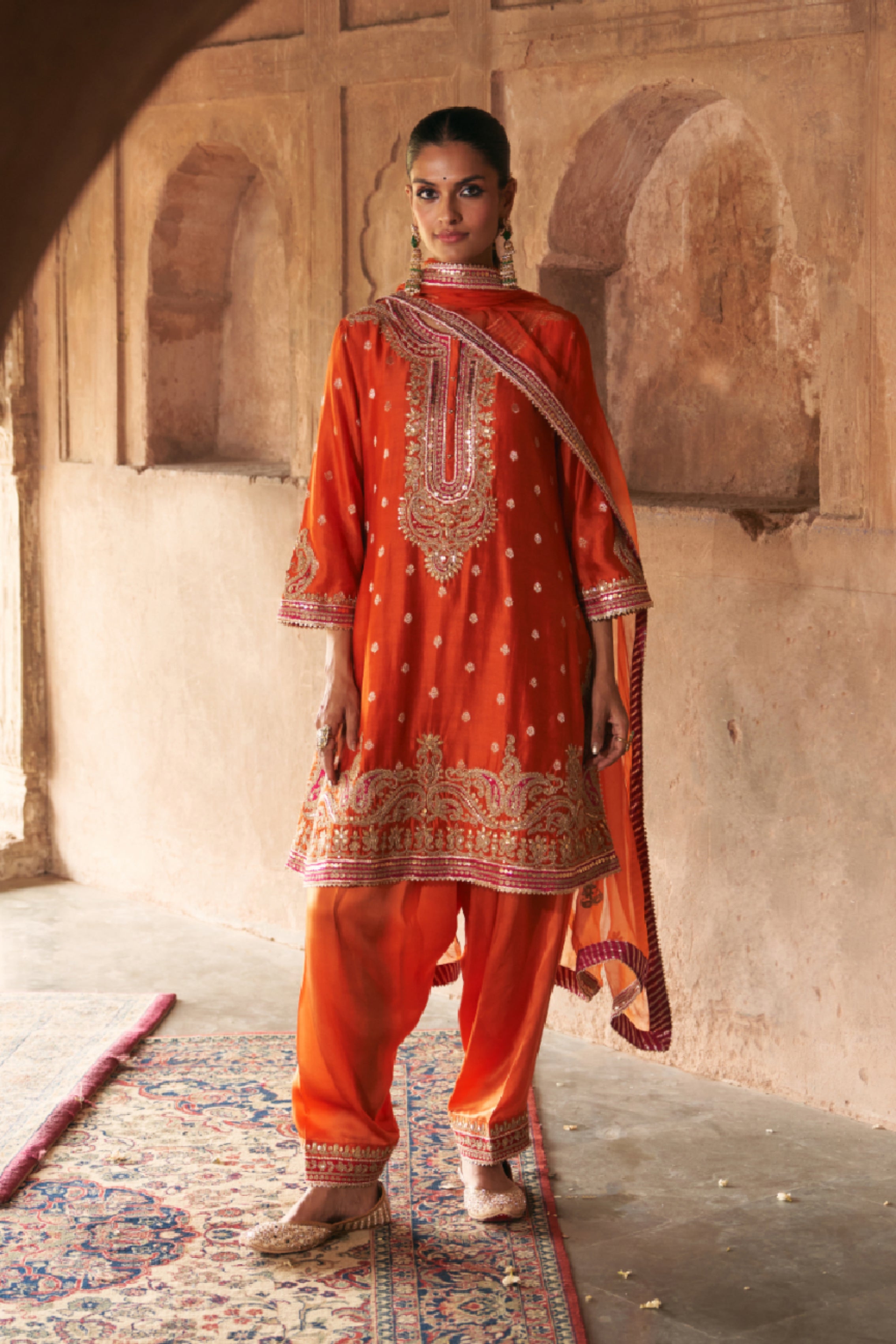 FARHANA - BURNT ORANGE SHORT KURTA WITH SALWAR AND DUPATTA