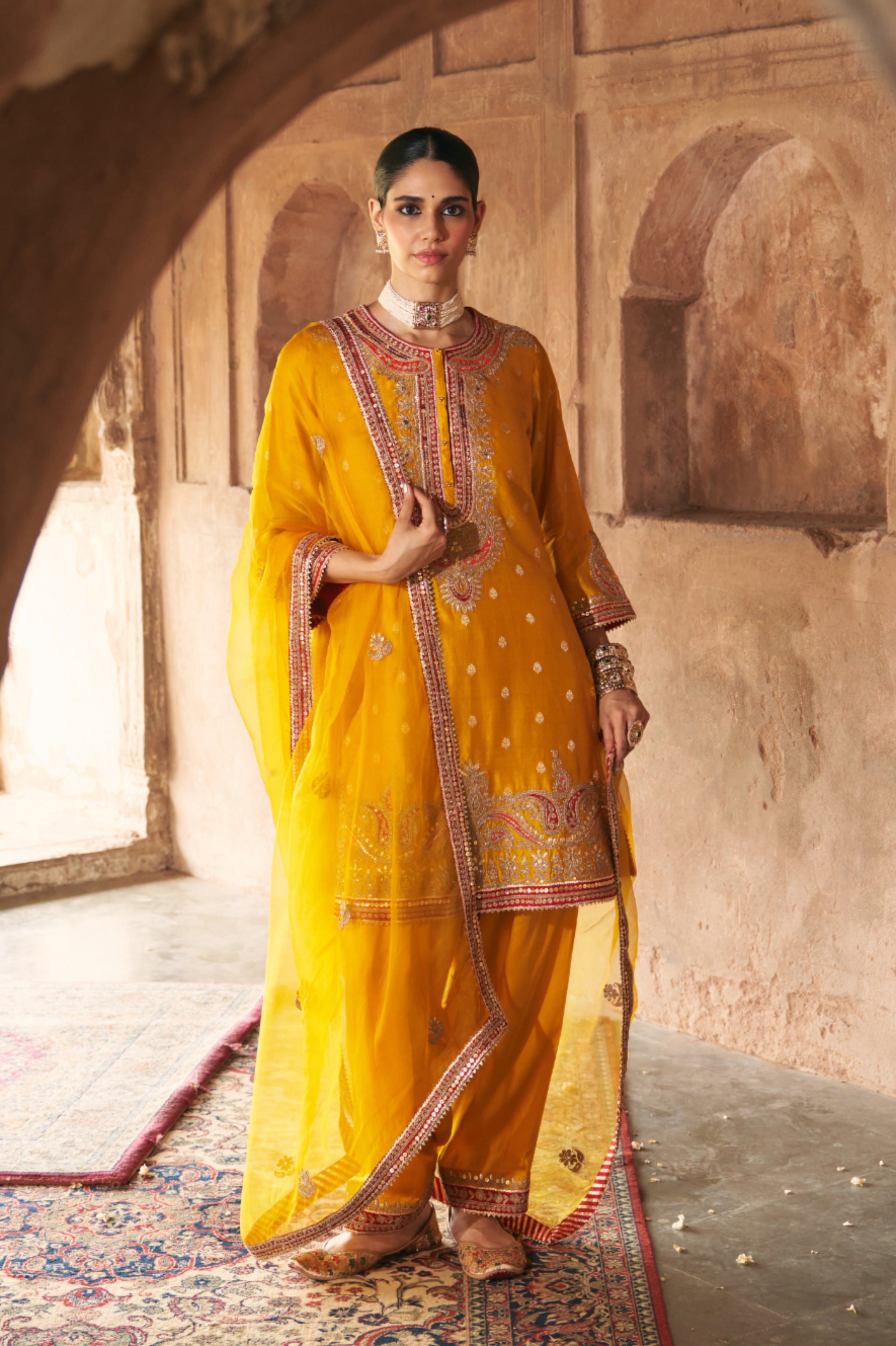 FARHANA - MUSTARD SHORT KURTA WITH SALWAR AND DUPATTA