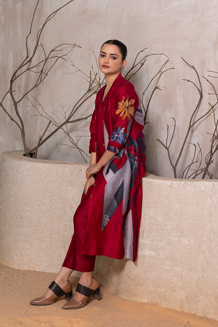 Red Silk Chanderi Printed Front Open Dress