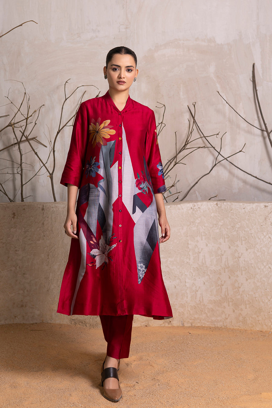 Red Silk Chanderi Printed Front Open Dress