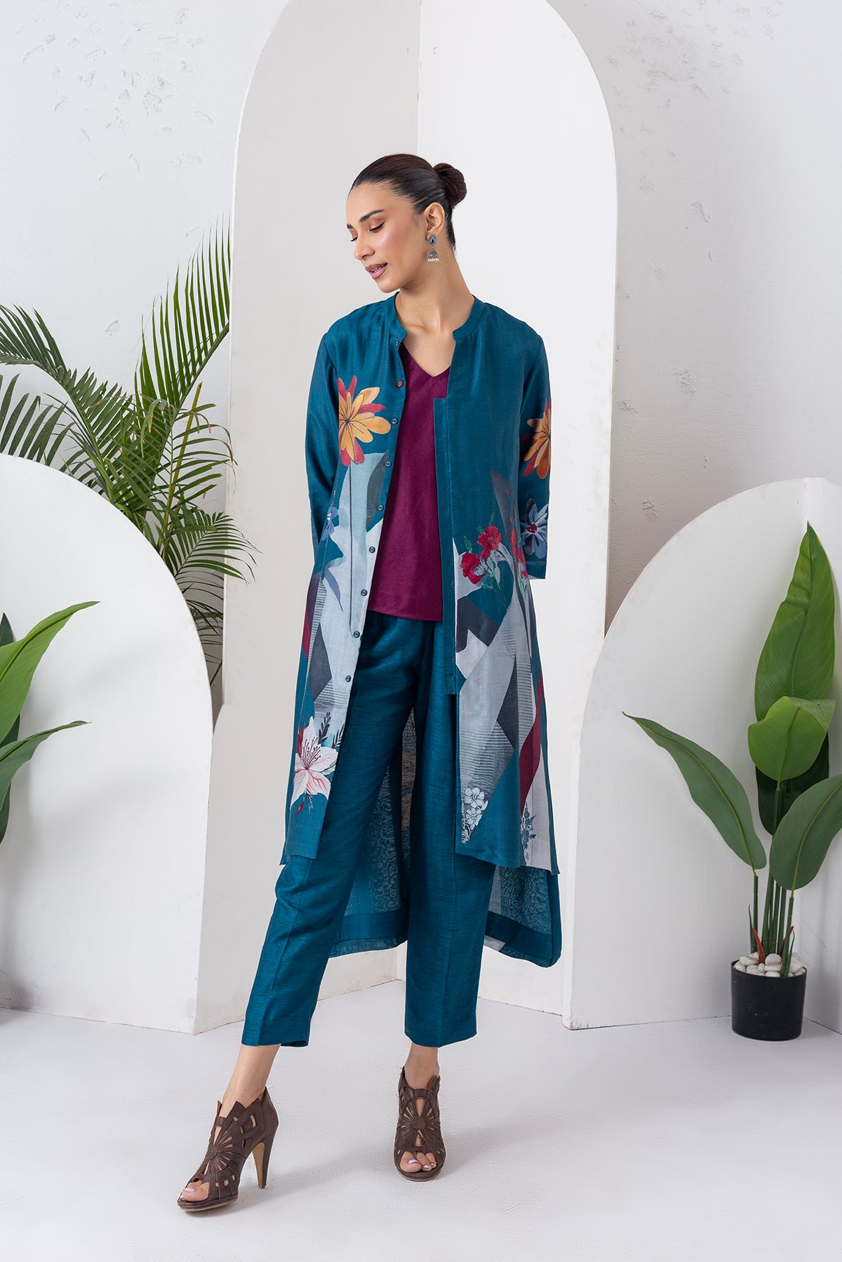 Indigo Silk Chanderi Printed High-Low Dress