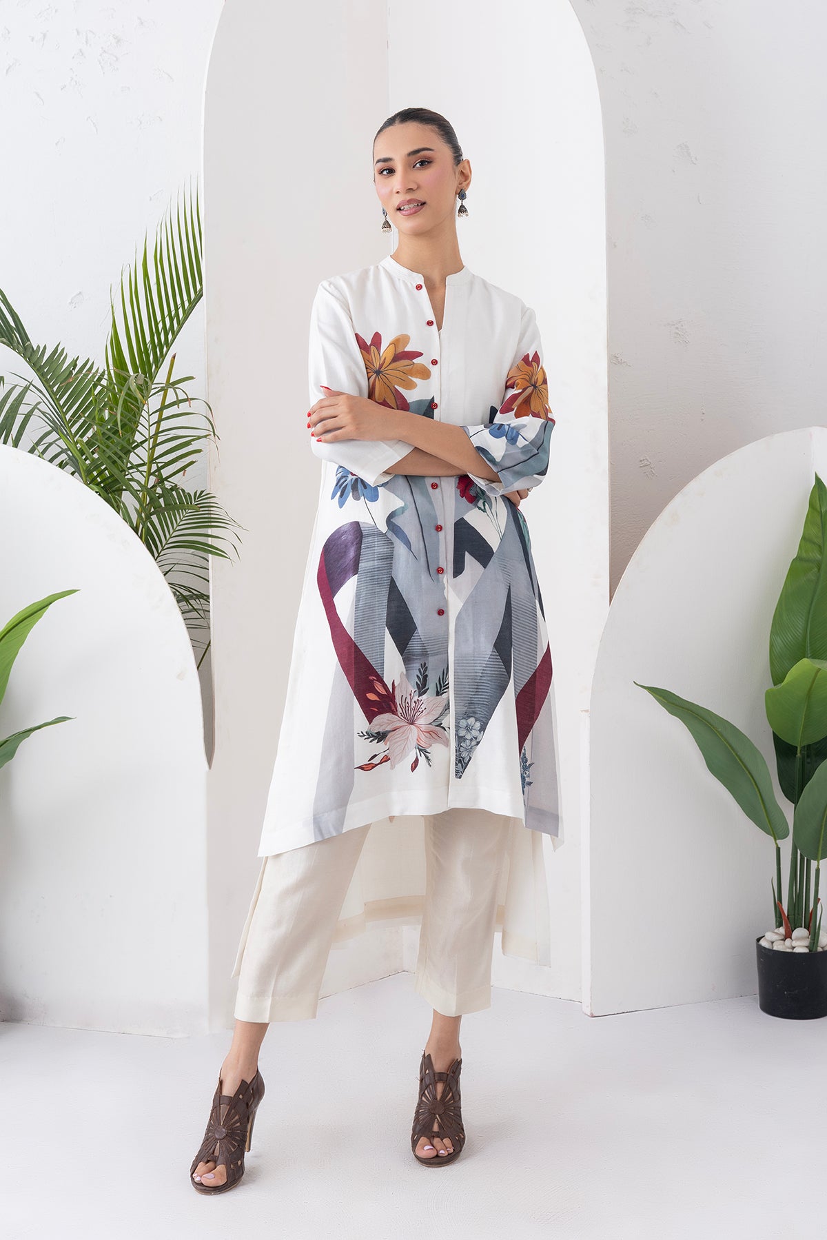 Ivory Silk Chanderi Printed High-Low Dress