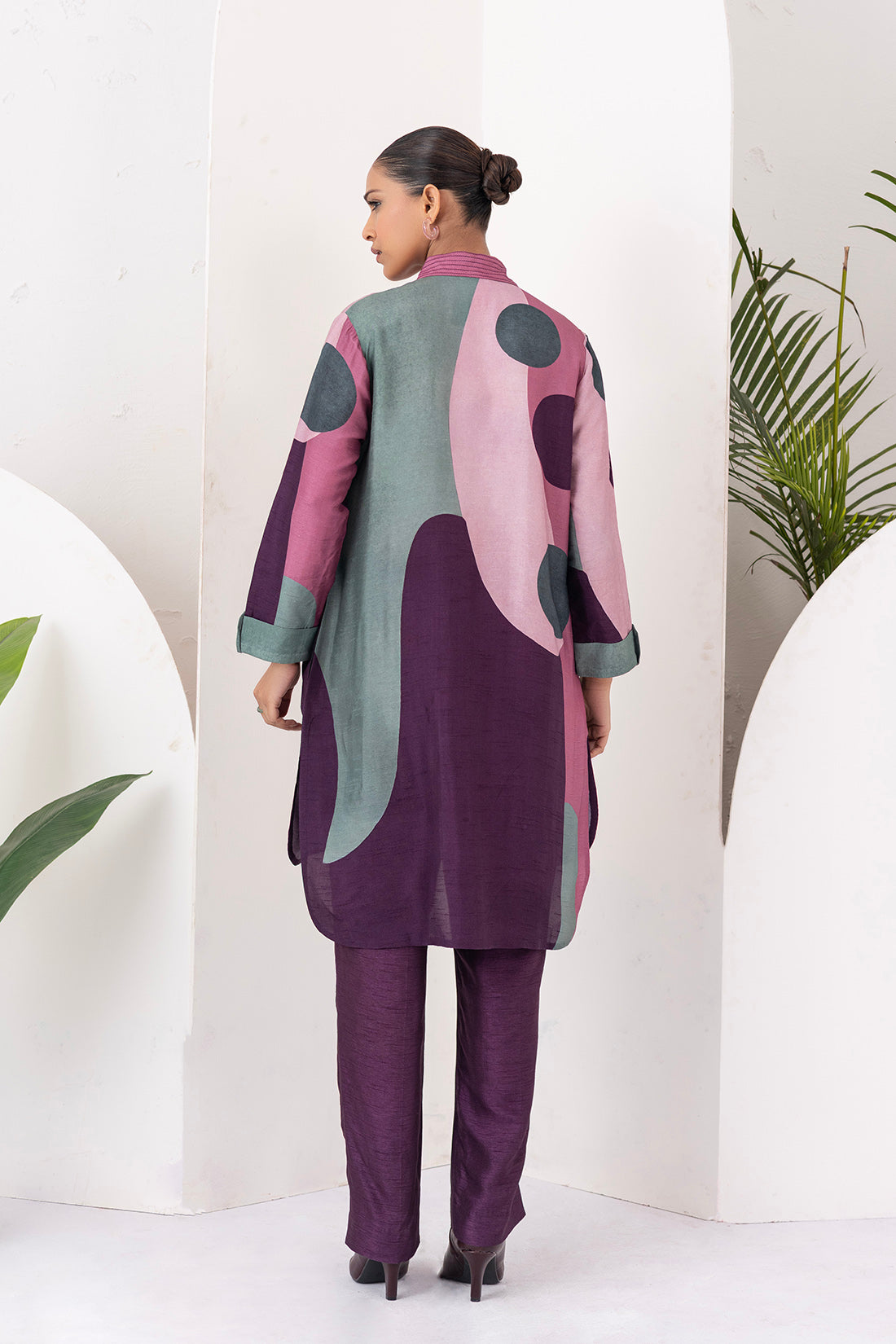 Salmon Pink & Wine Viscose Dupion Printed Shirt