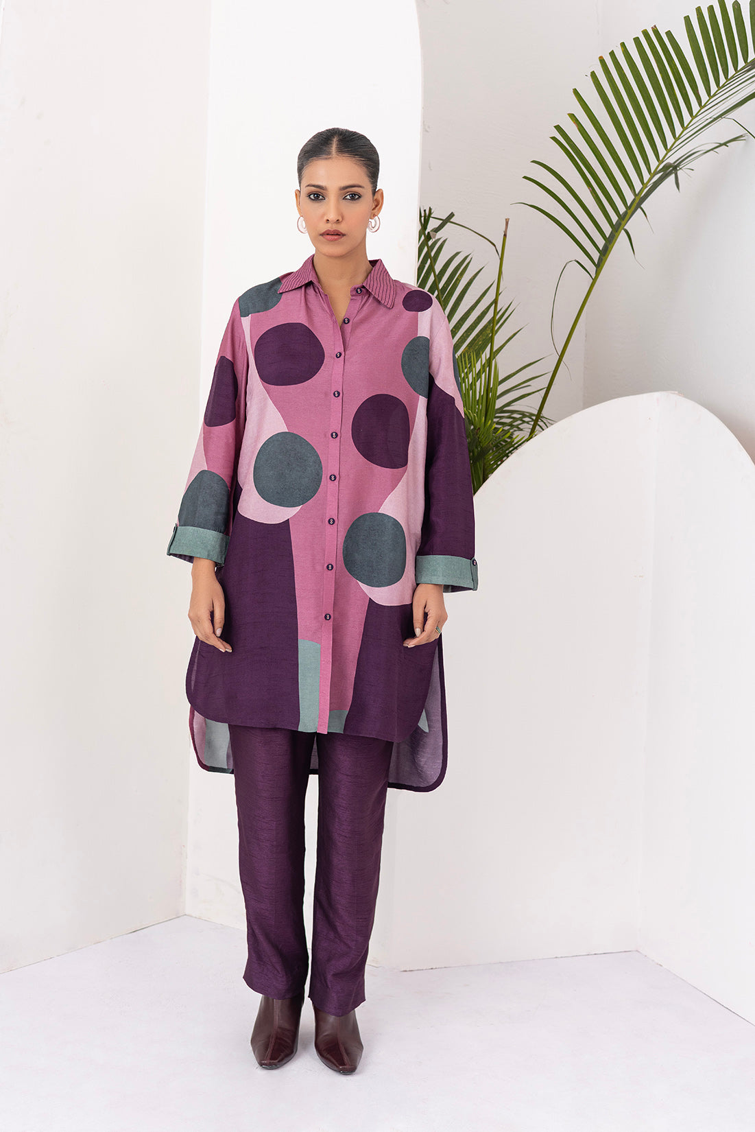 Salmon Pink & Wine Viscose Dupion Printed Shirt