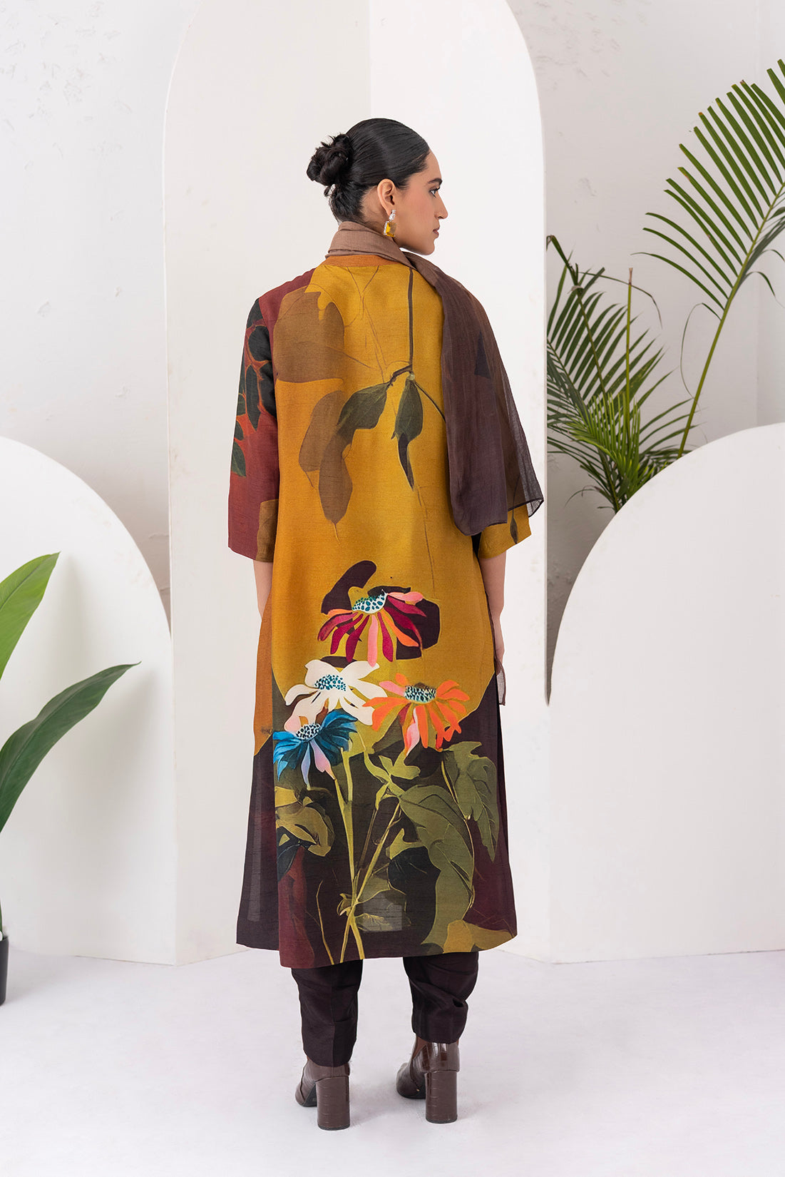 Mustard & Brown Viscose Dupion Printed Tunic