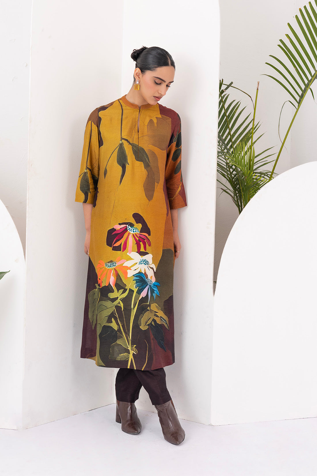Mustard & Brown Viscose Dupion Printed Tunic