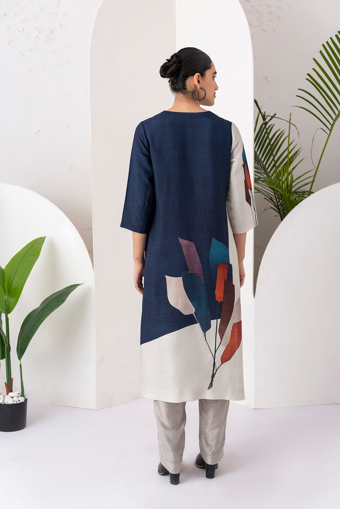 Blue & Ivory Viscose Dupion Printed Tunic