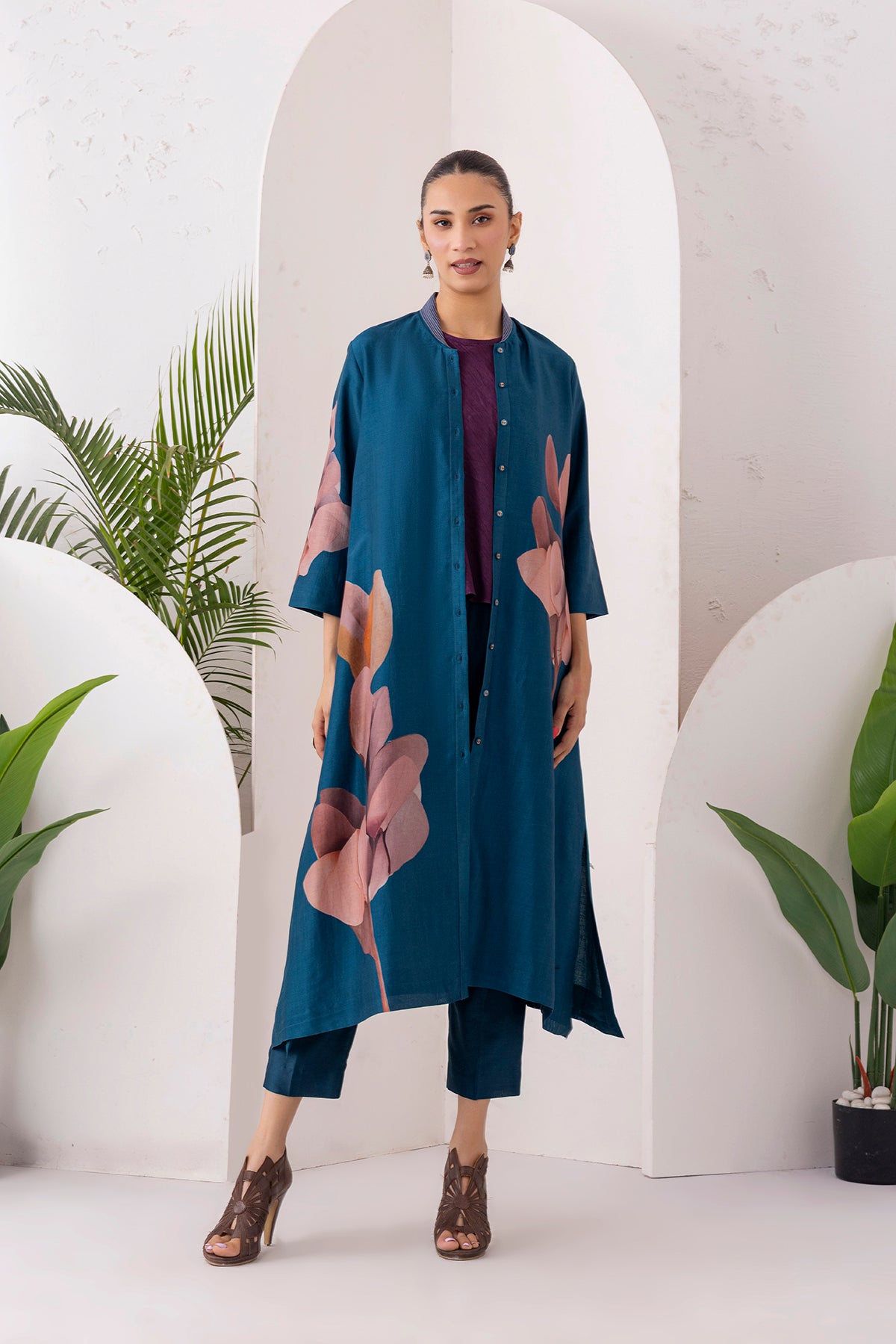 Indigo Silk Chanderi Leaf Printed Dress