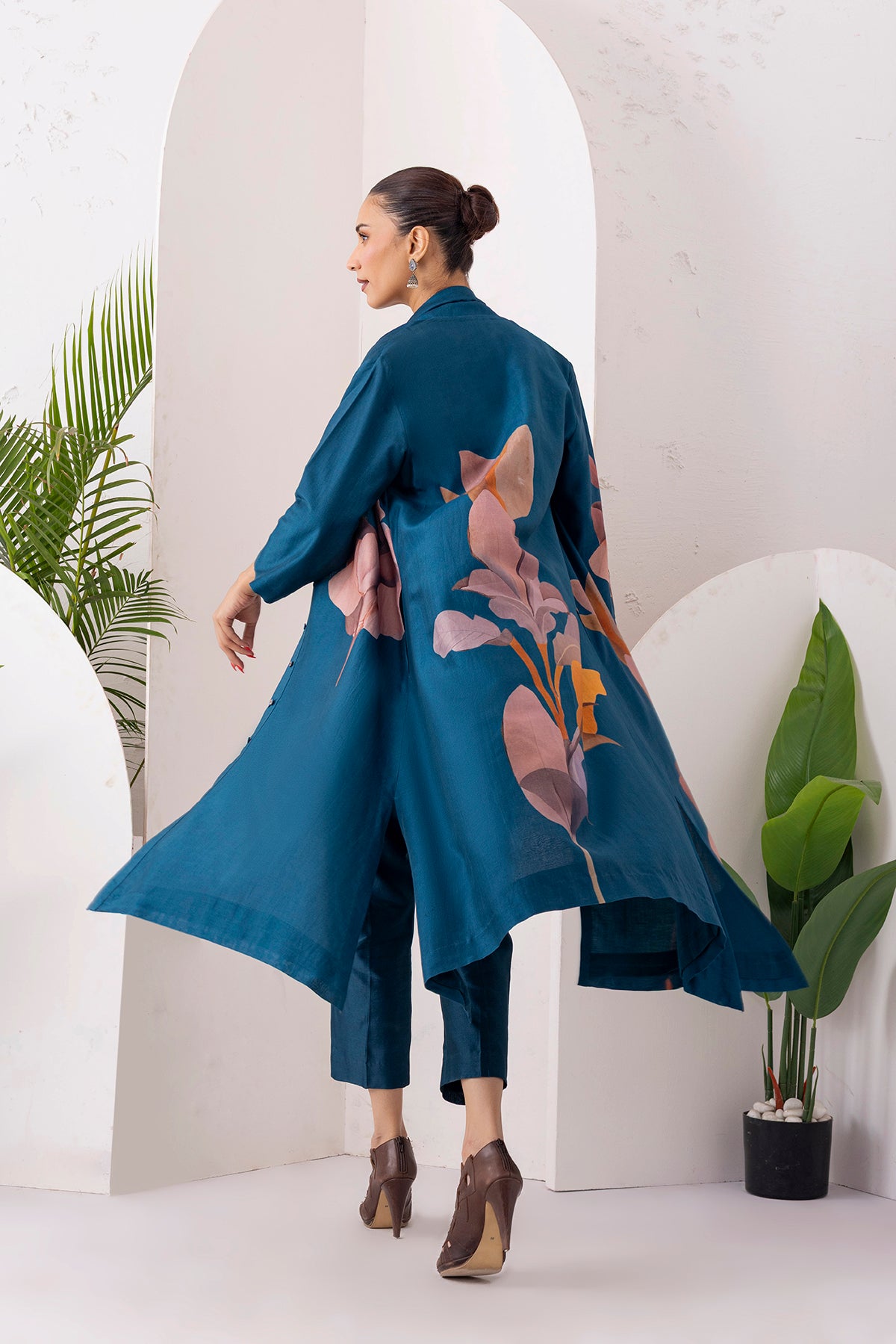 Indigo Silk Chanderi Leaf Printed Dress