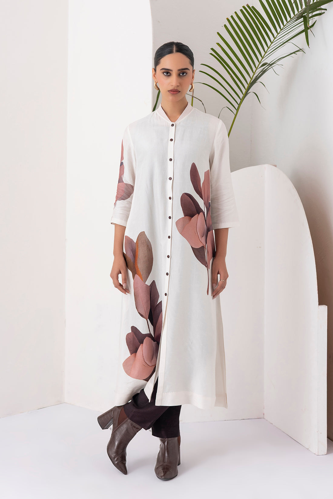 Ivory Viscose Dupion Leaf Printed Dress